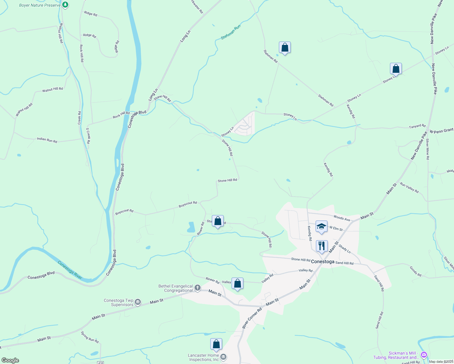 map of restaurants, bars, coffee shops, grocery stores, and more near 983 Stone Hill Road in Conestoga
