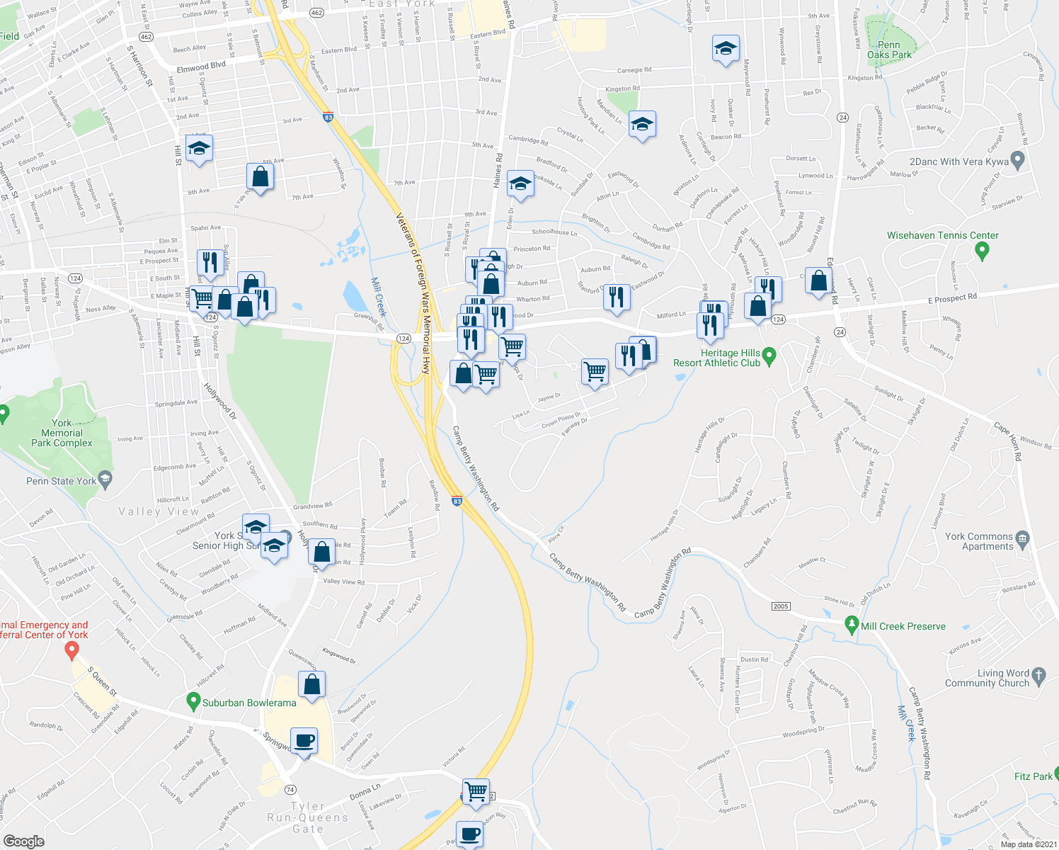 map of restaurants, bars, coffee shops, grocery stores, and more near 175 Crown Pointe Drive in York