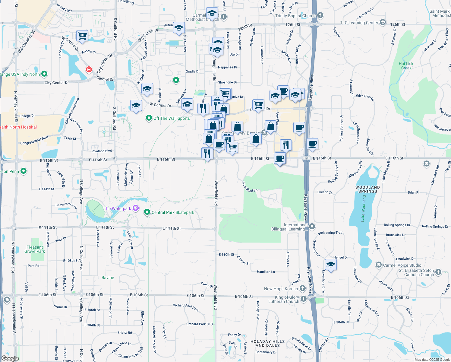 map of restaurants, bars, coffee shops, grocery stores, and more near 1737 Creekside Lane West in Carmel
