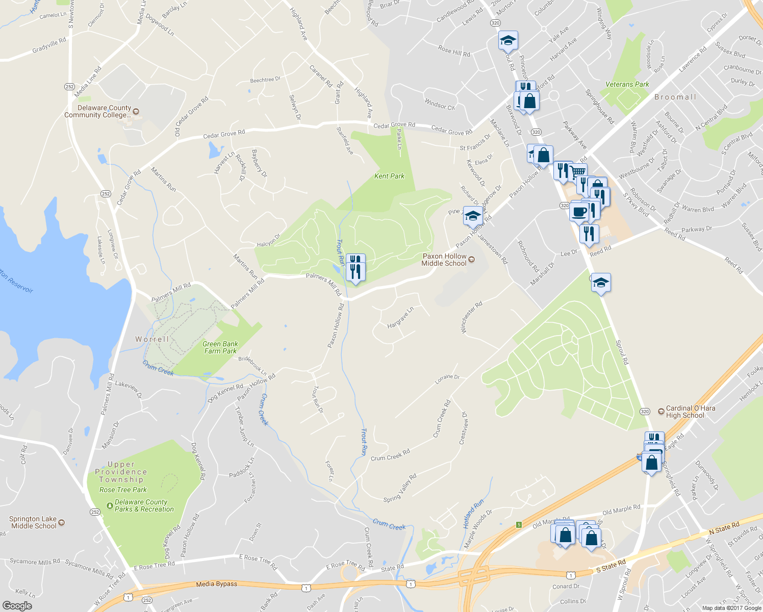 map of restaurants, bars, coffee shops, grocery stores, and more near 7 Worthington Lane in Media