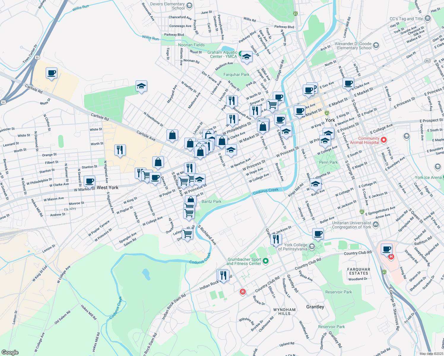 map of restaurants, bars, coffee shops, grocery stores, and more near 620 West Princess Street in York
