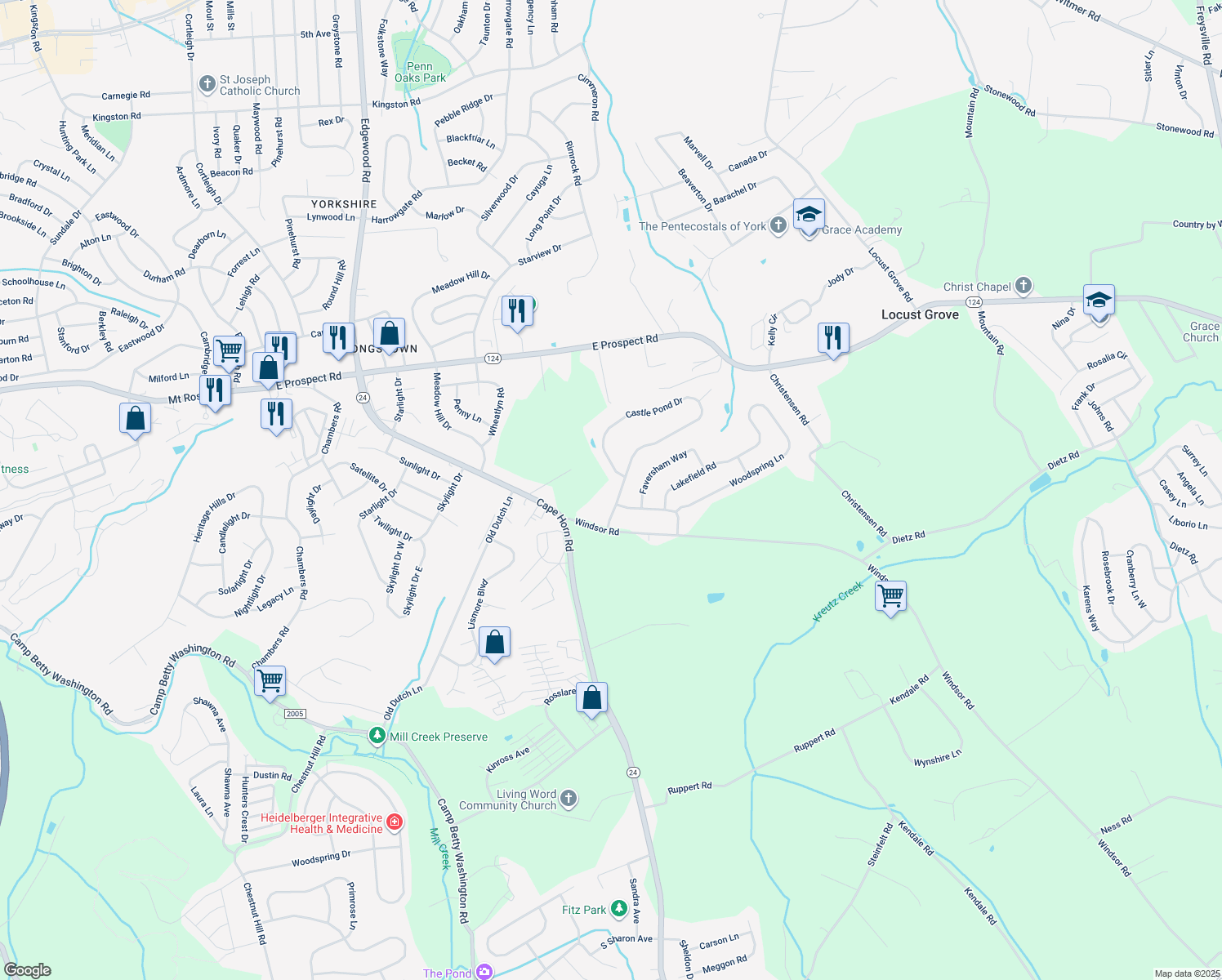 map of restaurants, bars, coffee shops, grocery stores, and more near 910 Castle Pond Drive in York
