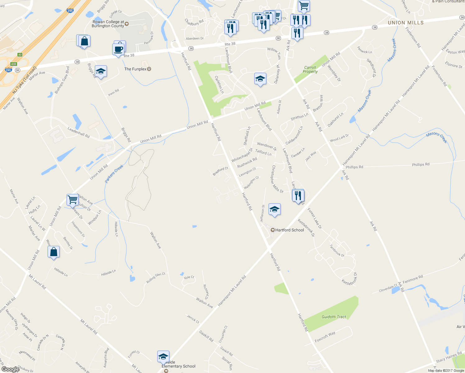 map of restaurants, bars, coffee shops, grocery stores, and more near 310 Fountain Hall Court in Mount Laurel
