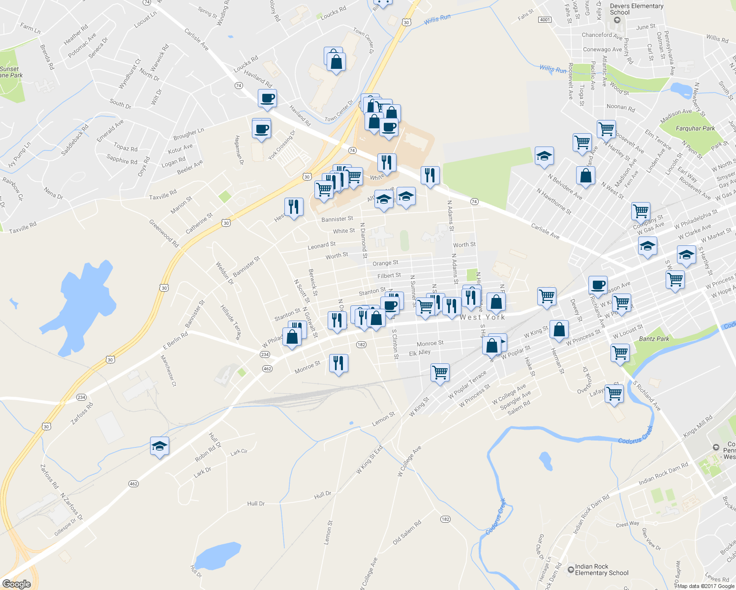 map of restaurants, bars, coffee shops, grocery stores, and more near 131 North Diamond Street in York