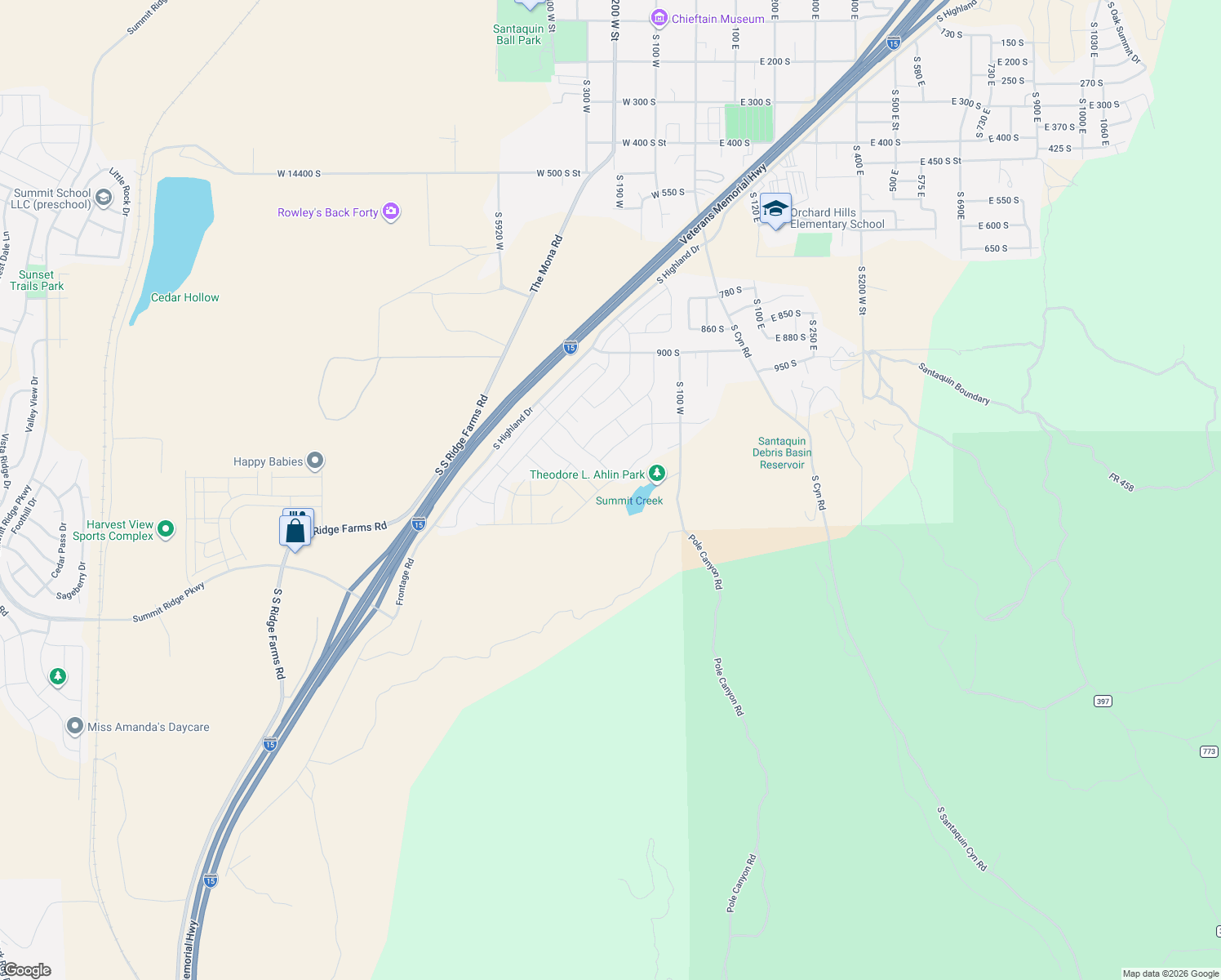 map of restaurants, bars, coffee shops, grocery stores, and more near 1257 South Bluff Street in Santaquin