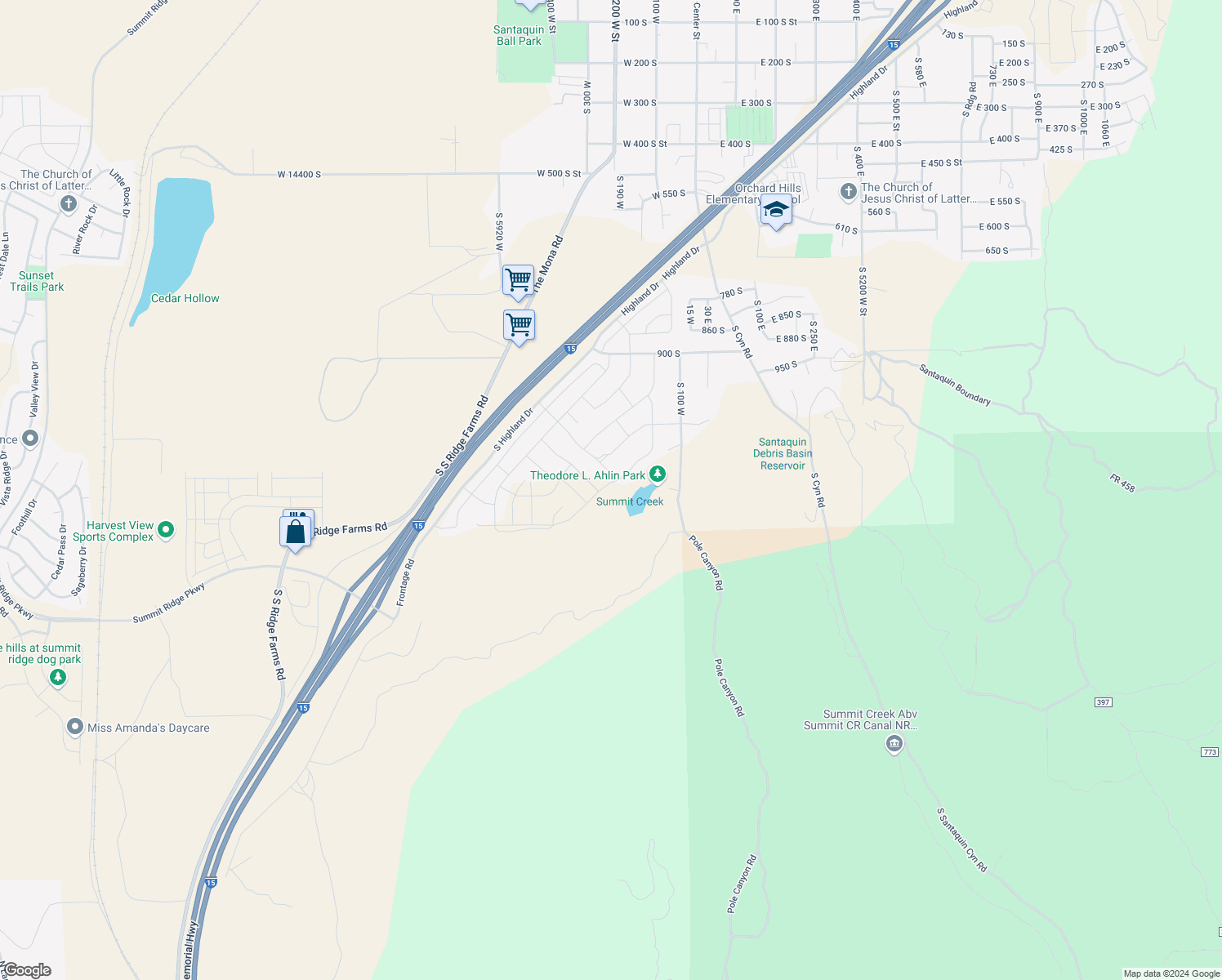 map of restaurants, bars, coffee shops, grocery stores, and more near 1257 South Bluff Street in Santaquin