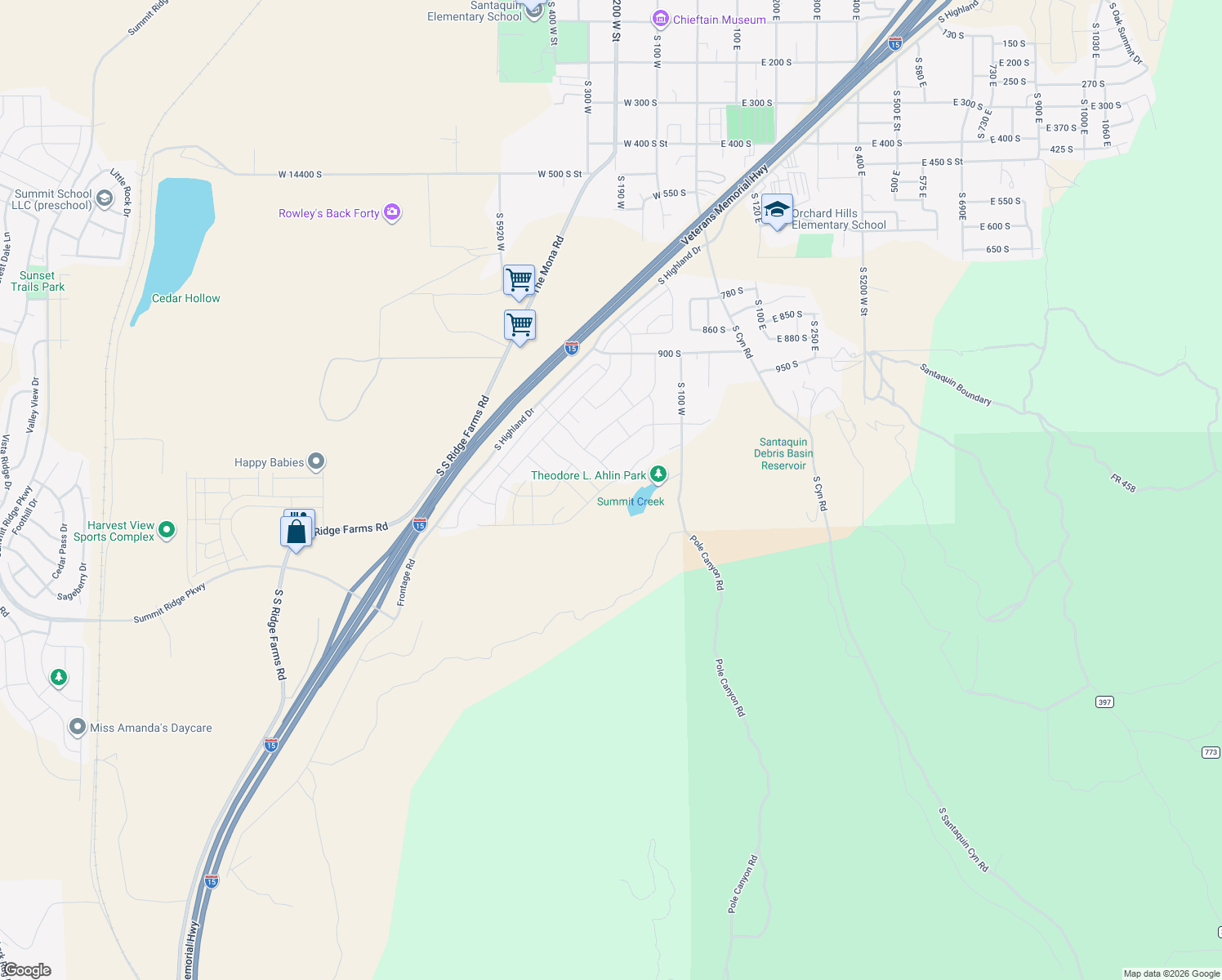 map of restaurants, bars, coffee shops, grocery stores, and more near 1257 South Bluff Street in Santaquin