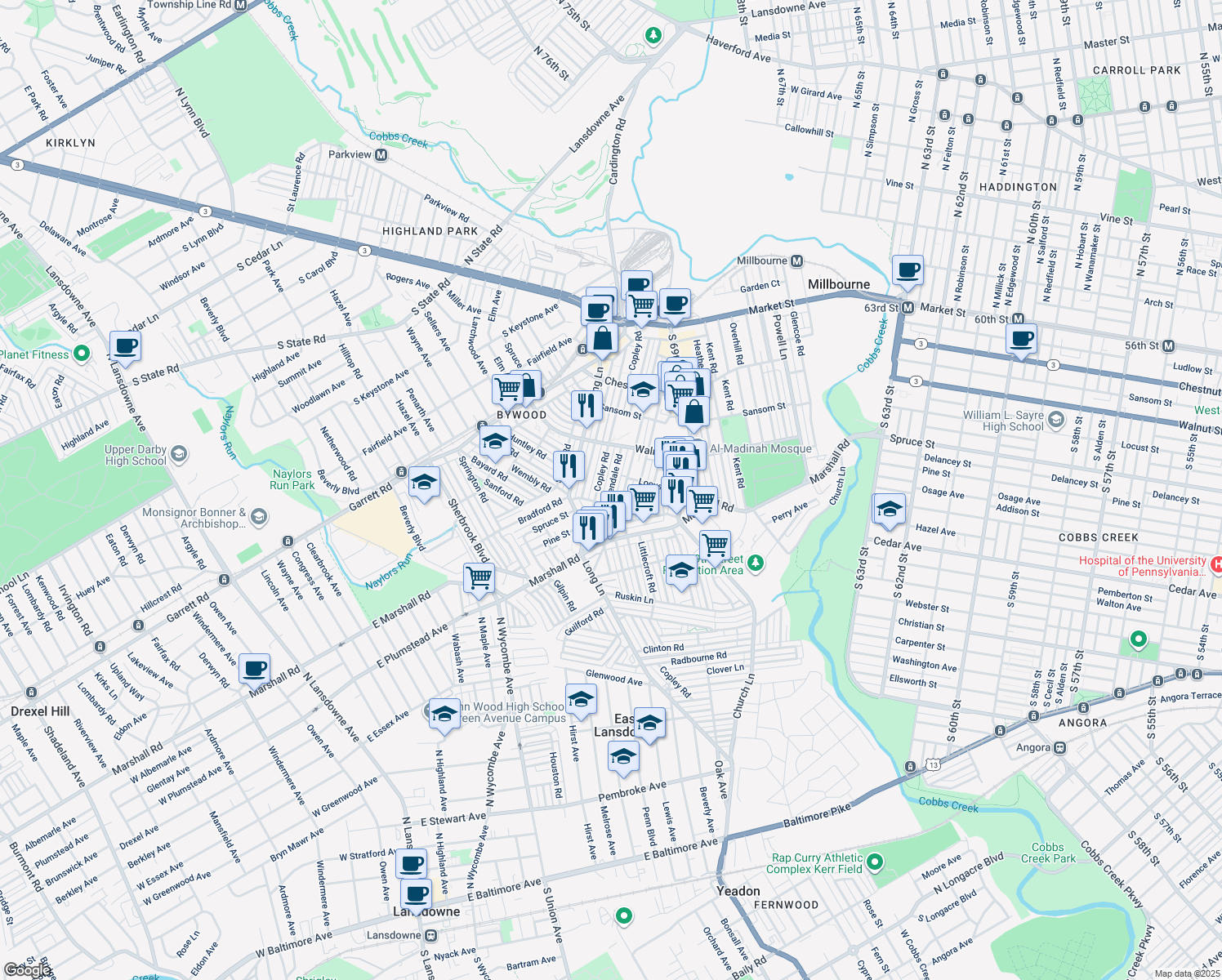 map of restaurants, bars, coffee shops, grocery stores, and more near 275 Glendale Road in Upper Darby
