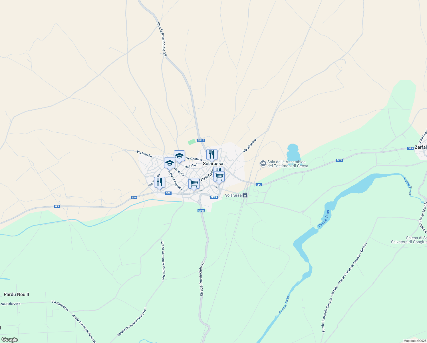 map of restaurants, bars, coffee shops, grocery stores, and more near in Solarussa