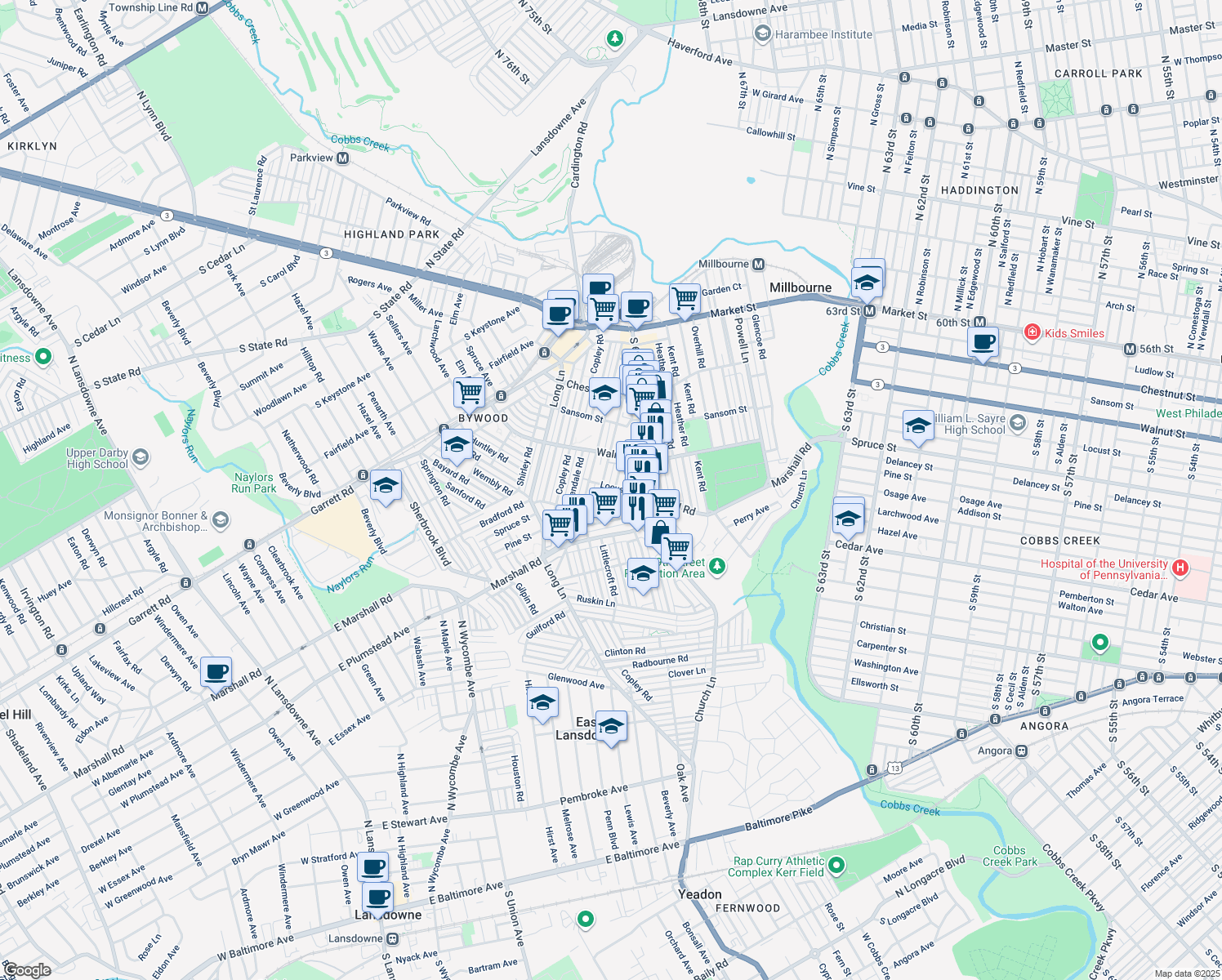 map of restaurants, bars, coffee shops, grocery stores, and more near 302 Maypole Road in Upper Darby