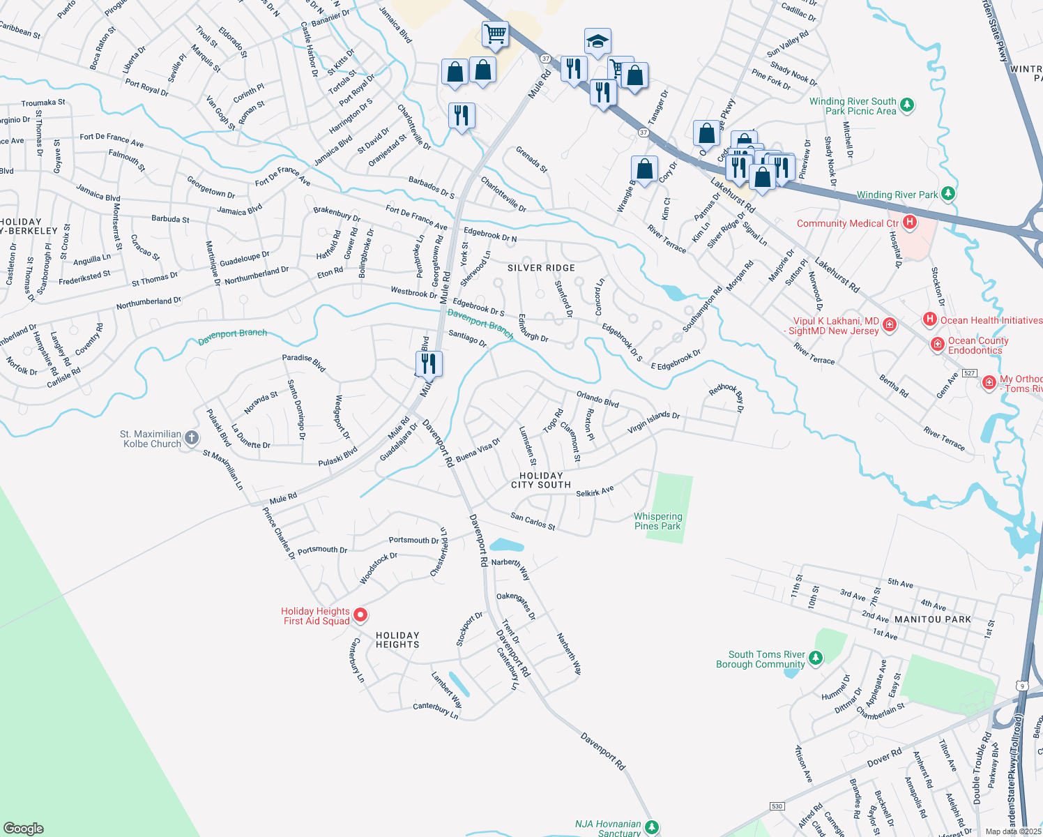 map of restaurants, bars, coffee shops, grocery stores, and more near 2 Lumsden Street in Toms River