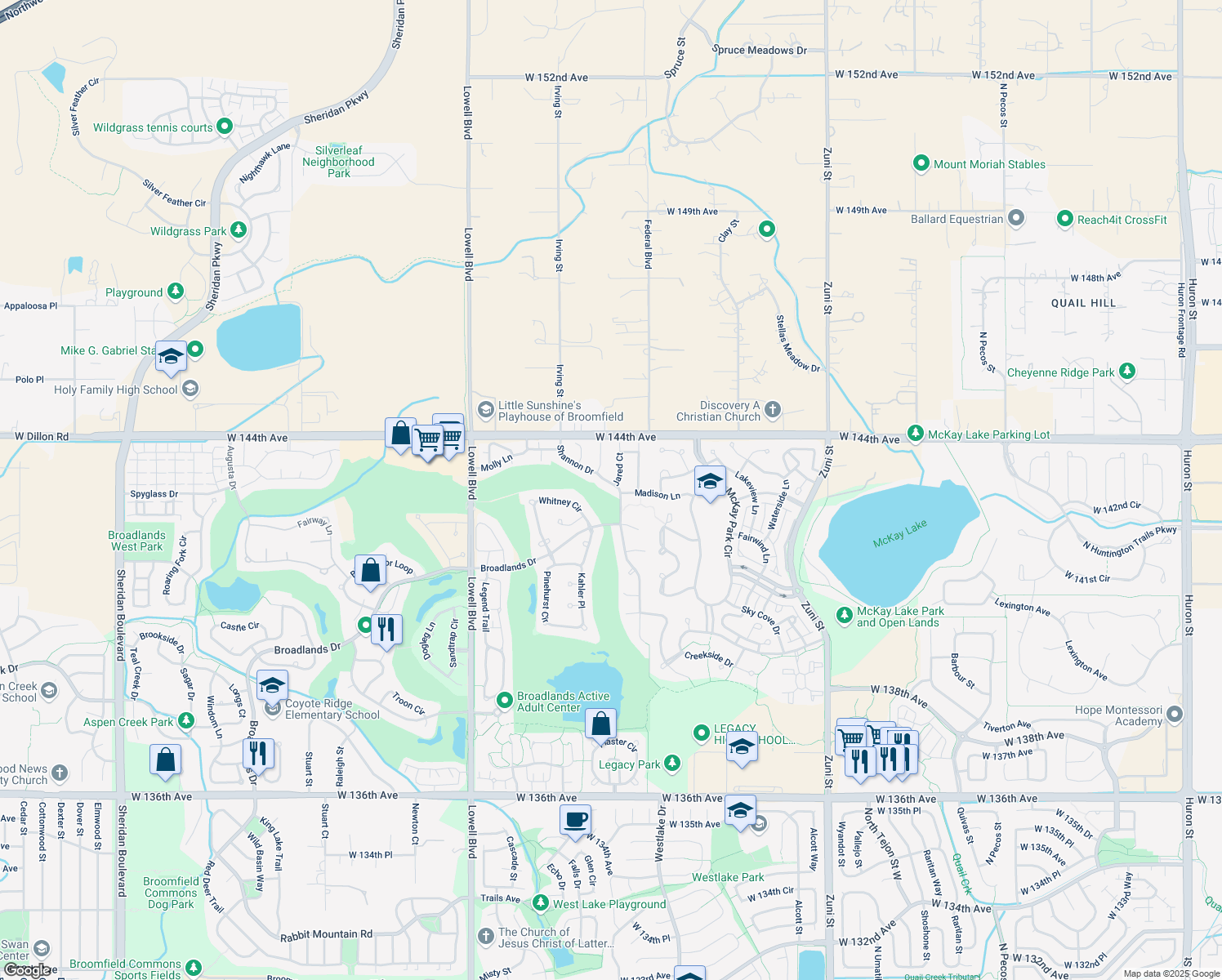 map of restaurants, bars, coffee shops, grocery stores, and more near 3108 Shannon Drive in Broomfield