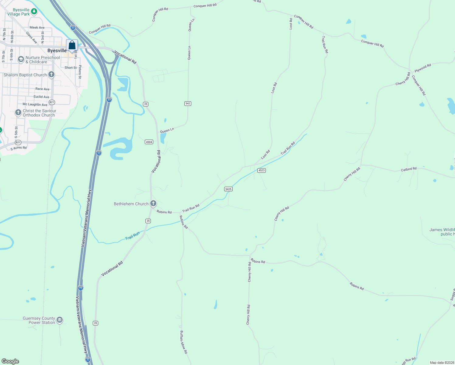 map of restaurants, bars, coffee shops, grocery stores, and more near 58894 Grisak Road in Byesville