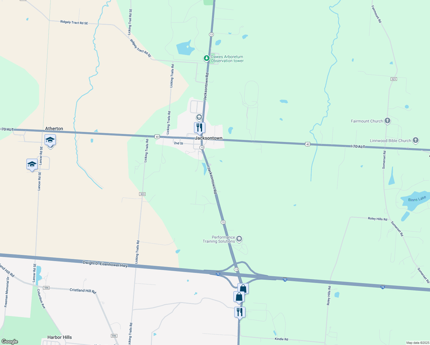 map of restaurants, bars, coffee shops, grocery stores, and more near 9485 Jacksontown Road in Thornville