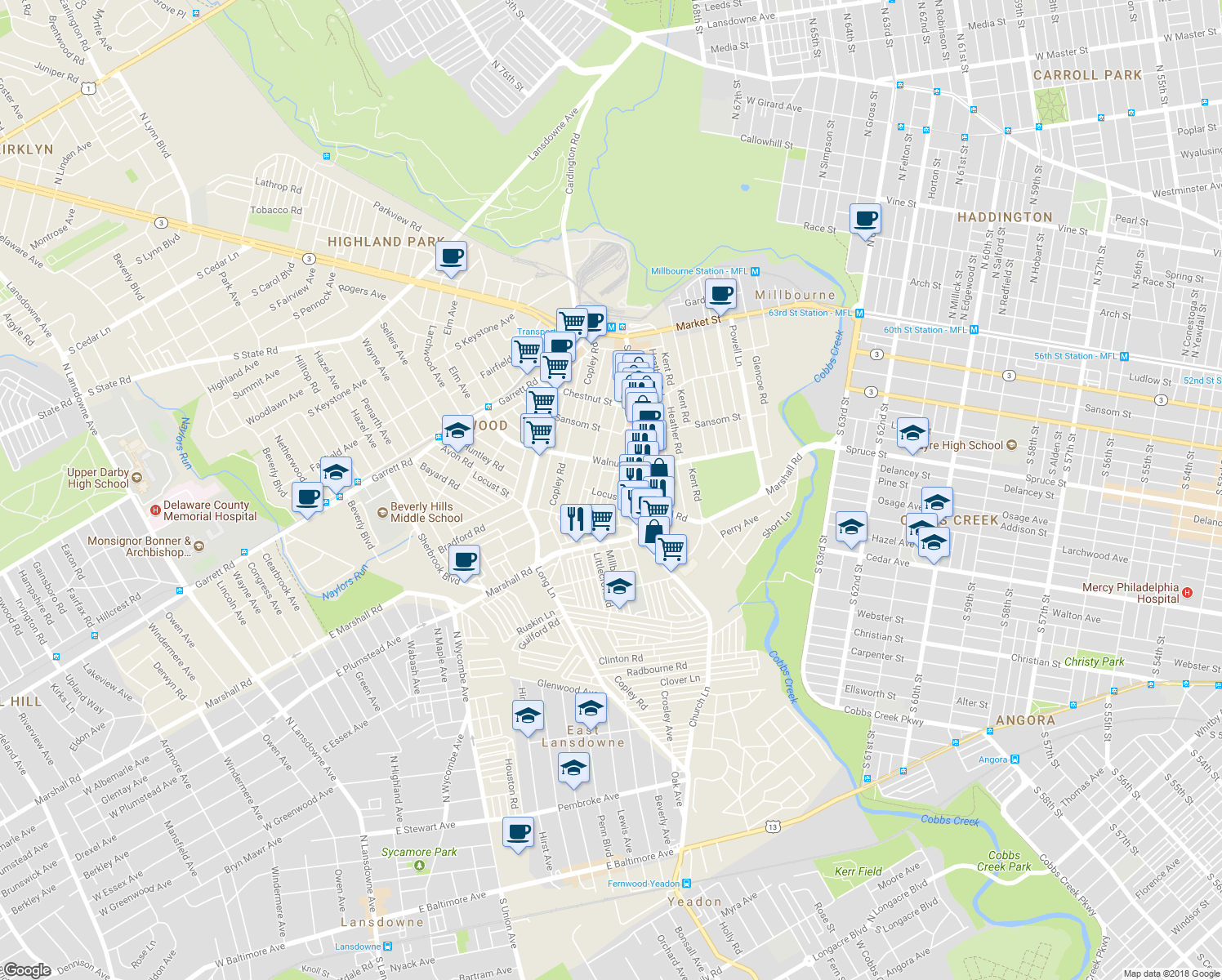 map of restaurants, bars, coffee shops, grocery stores, and more near 253 Maypole Road in Upper Darby
