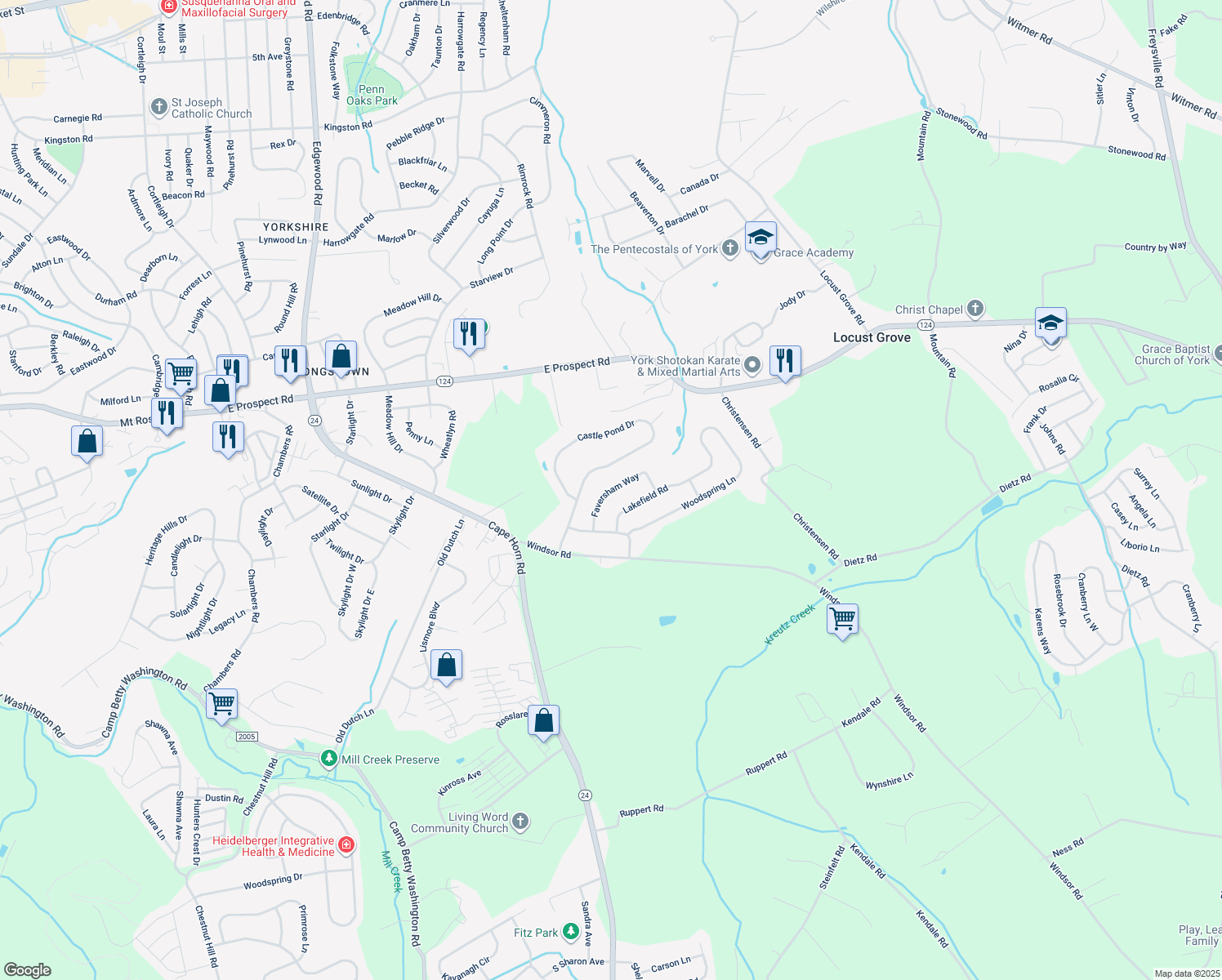 map of restaurants, bars, coffee shops, grocery stores, and more near 2017 Faversham Way in York