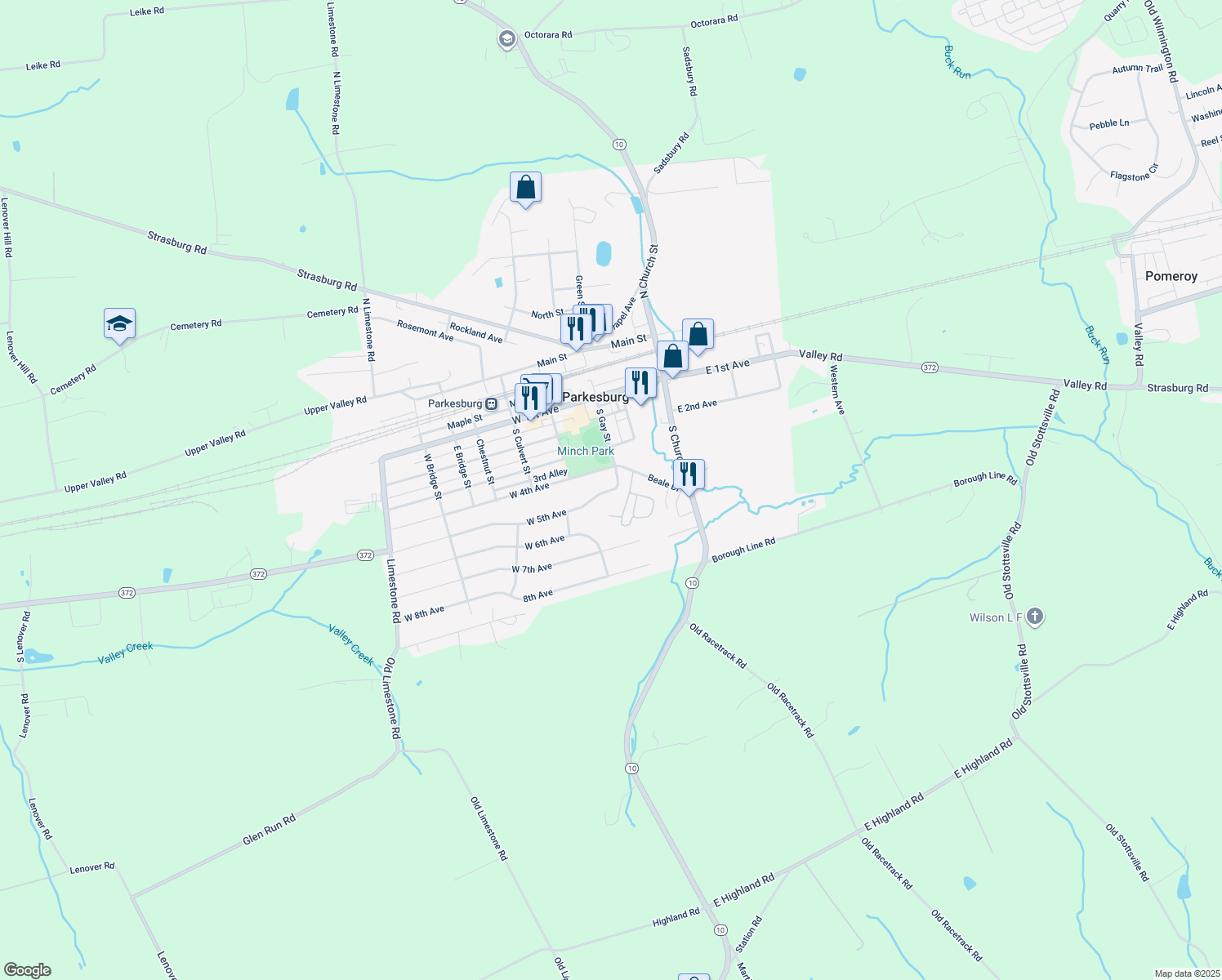 map of restaurants, bars, coffee shops, grocery stores, and more near 300 West 5th Avenue in Parkesburg