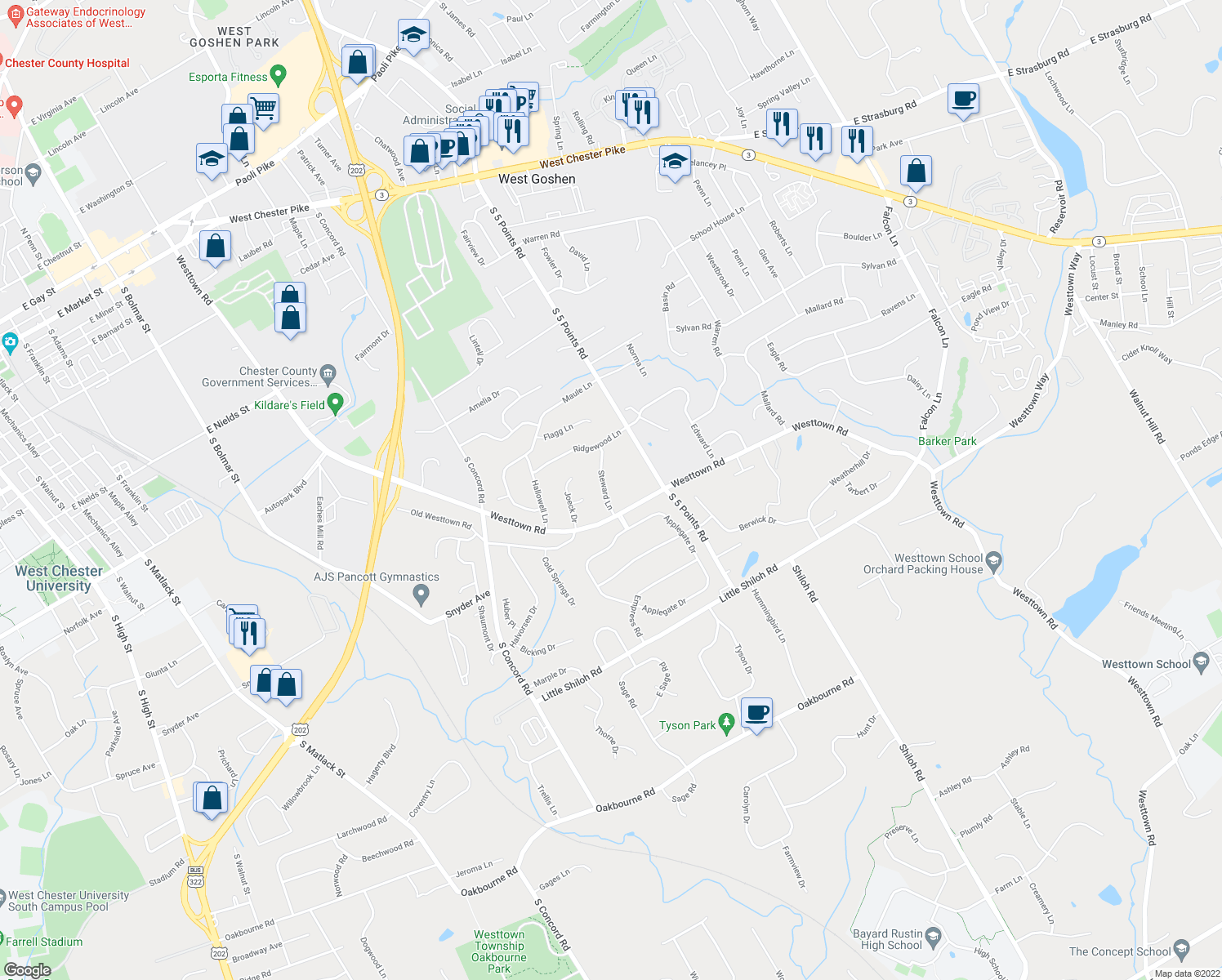 map of restaurants, bars, coffee shops, grocery stores, and more near 811 Steward Lane in West Chester