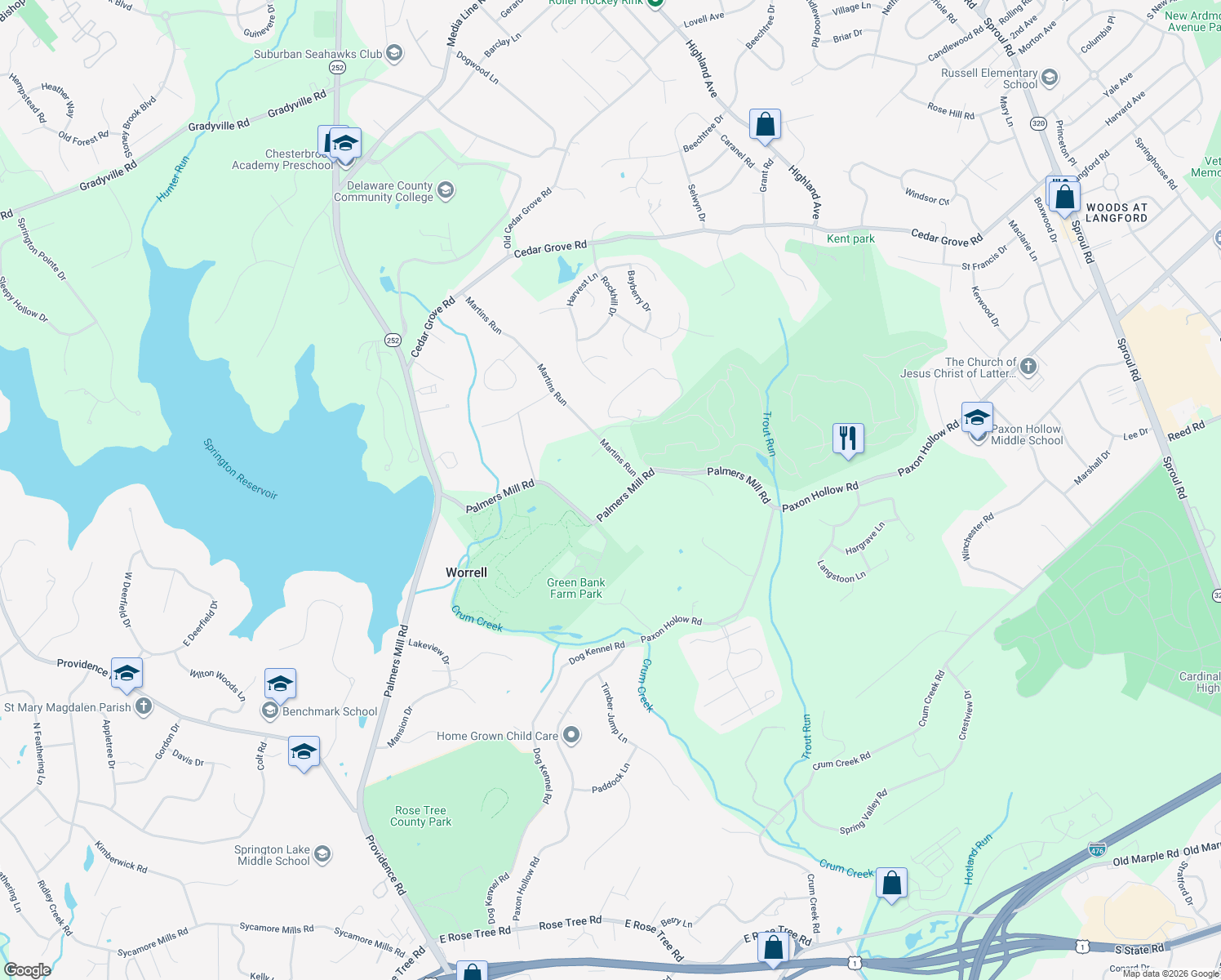 map of restaurants, bars, coffee shops, grocery stores, and more near 970 Palmers Mill Road in Media