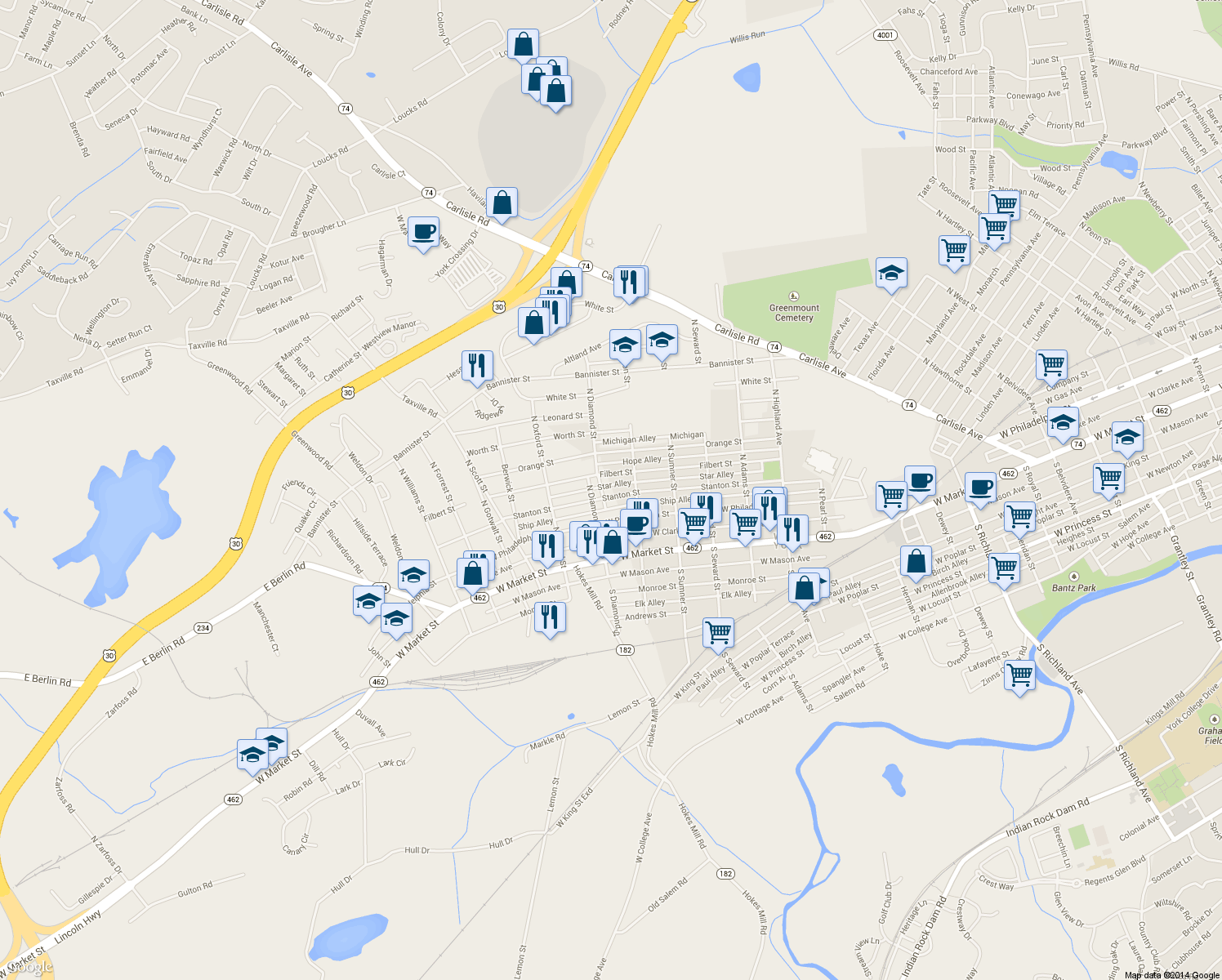 map of restaurants, bars, coffee shops, grocery stores, and more near 1819 Stanton Street in York