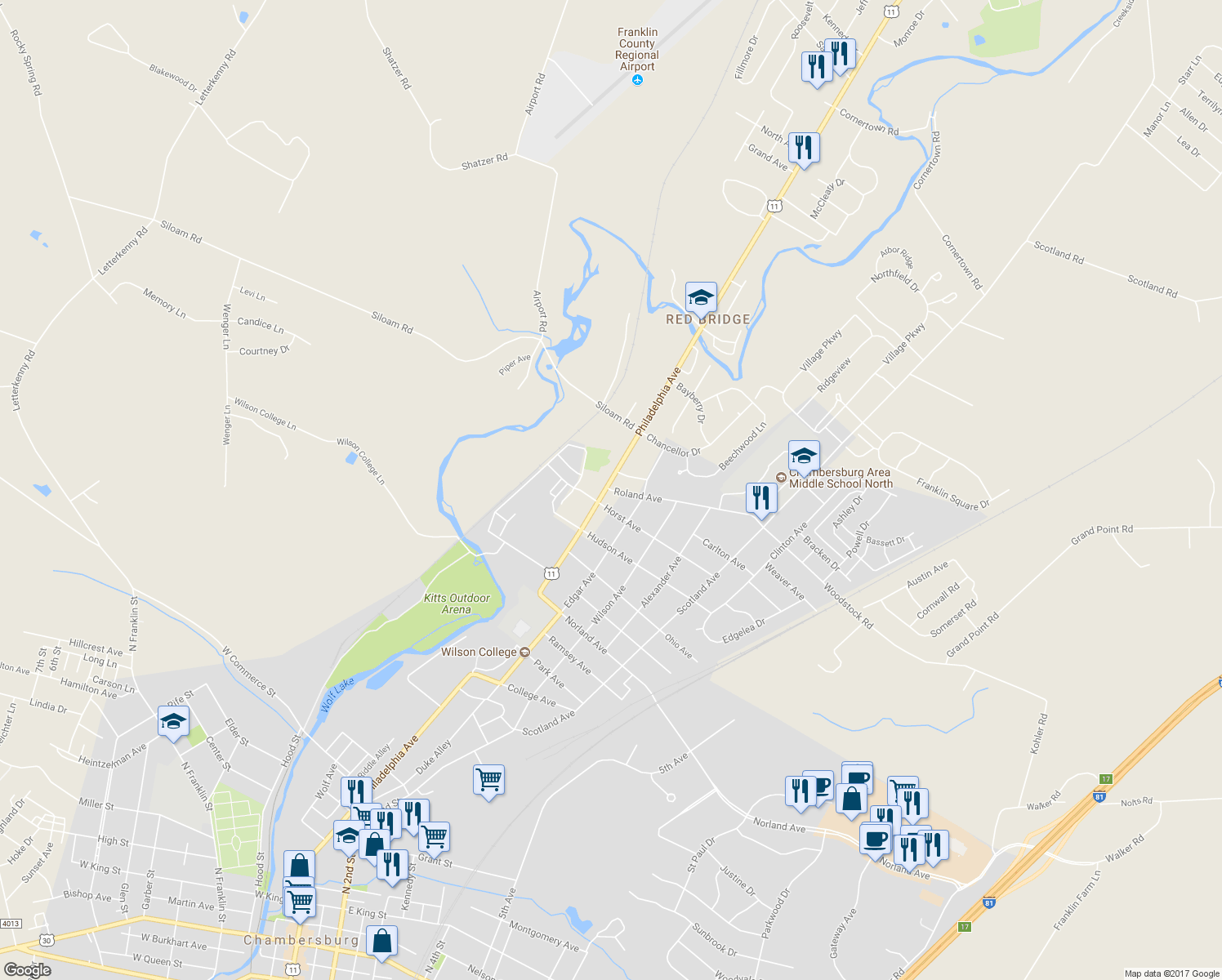 map of restaurants, bars, coffee shops, grocery stores, and more near 67 Roland Avenue in Chambersburg