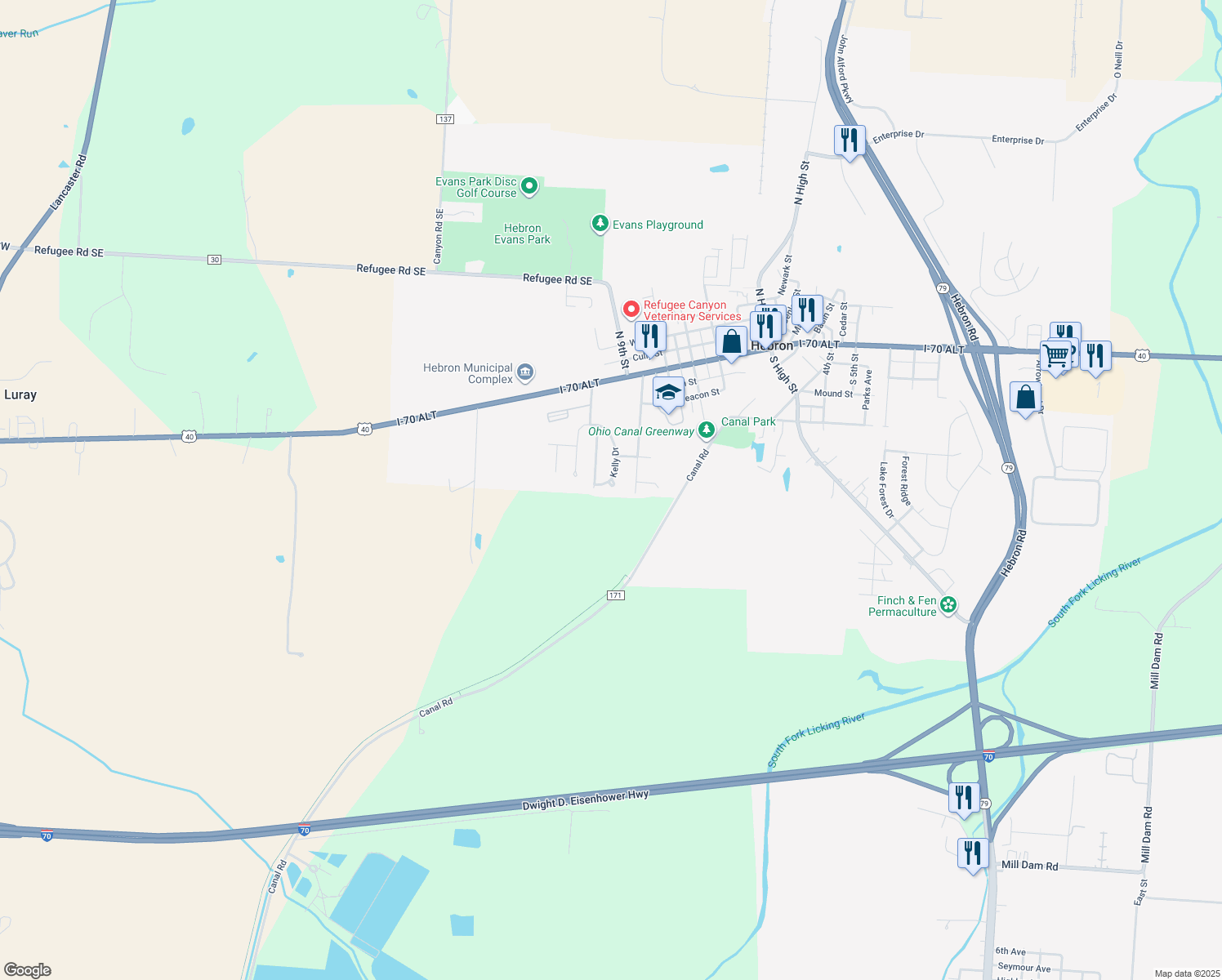 map of restaurants, bars, coffee shops, grocery stores, and more near 1073 Kelly Drive in Hebron
