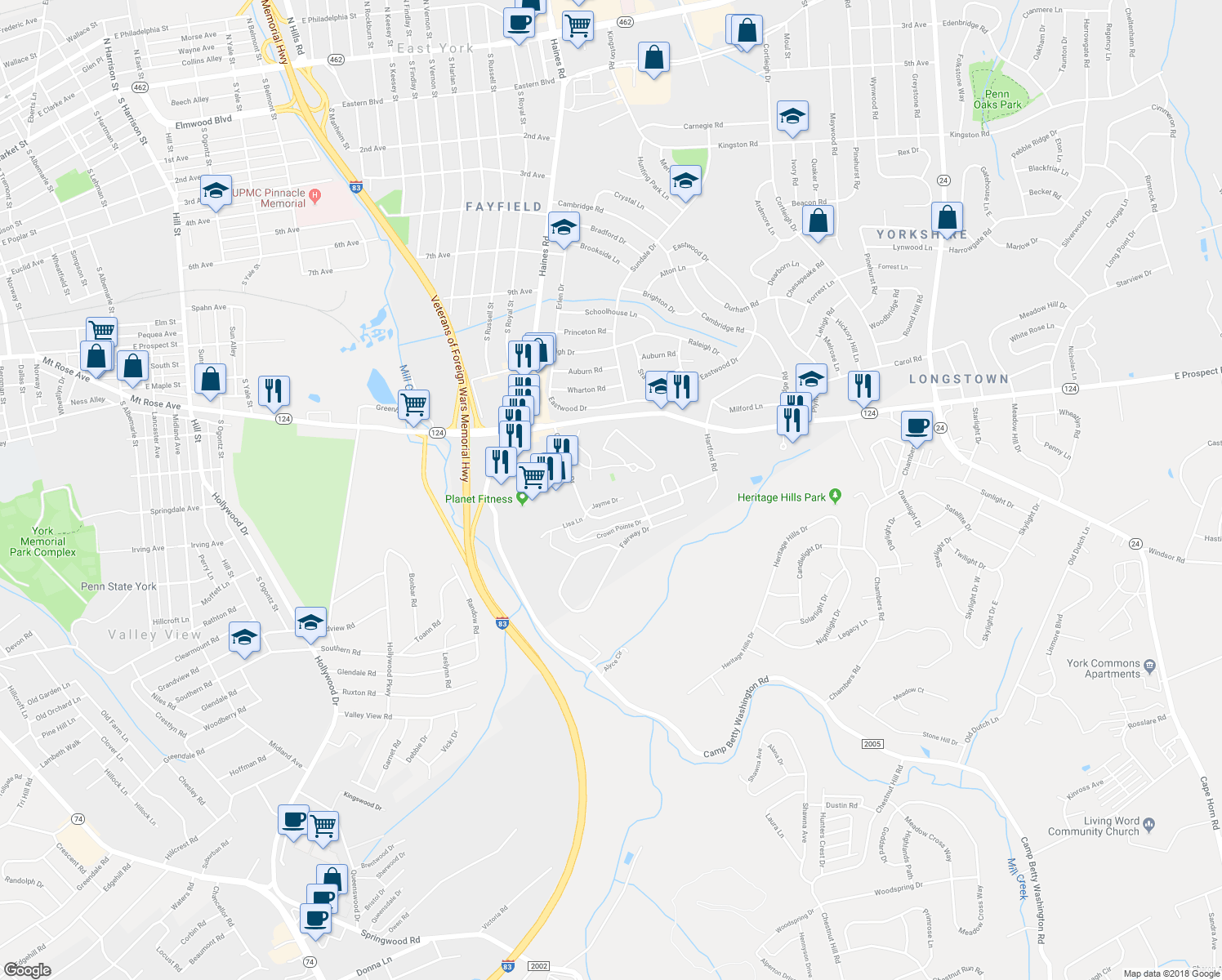map of restaurants, bars, coffee shops, grocery stores, and more near 44 Jayme Drive in East York