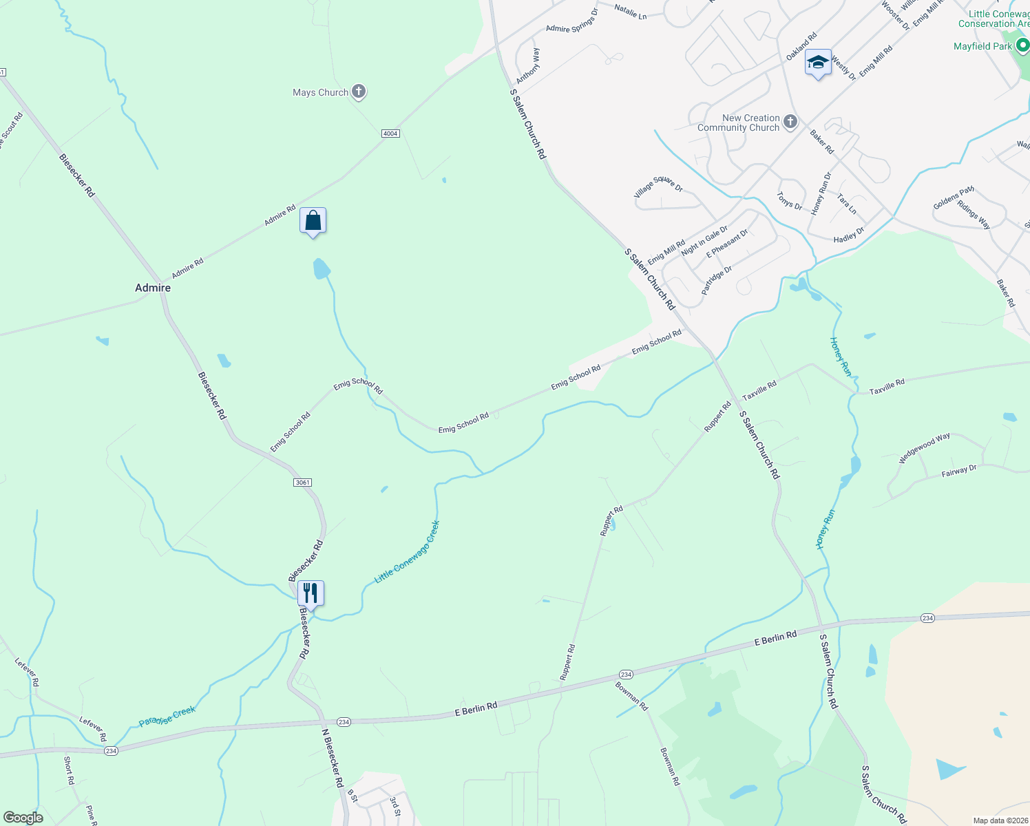 map of restaurants, bars, coffee shops, grocery stores, and more near 3740 Emig School Rd in Dover