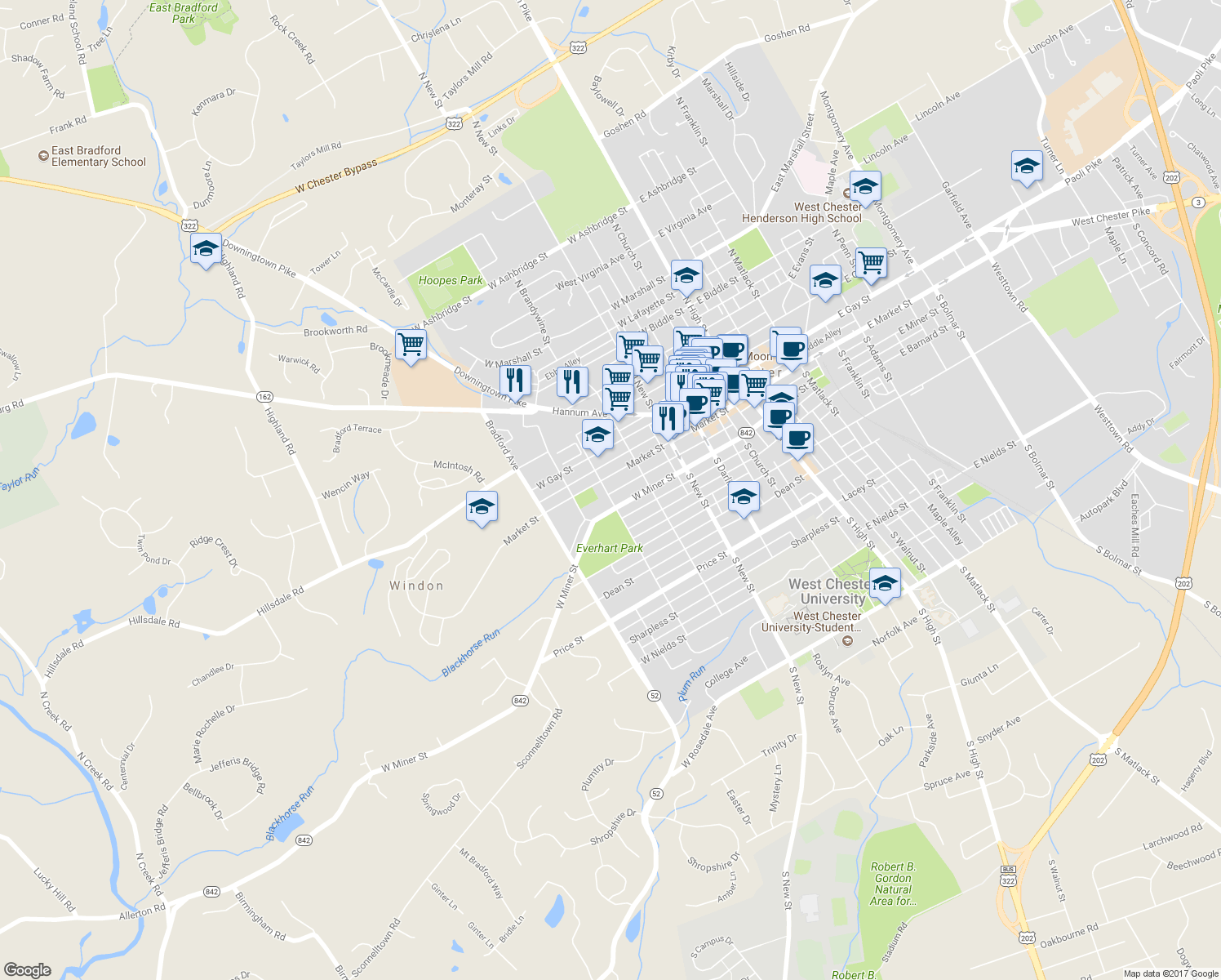 map of restaurants, bars, coffee shops, grocery stores, and more near 11 South Brandywine Street in West Chester