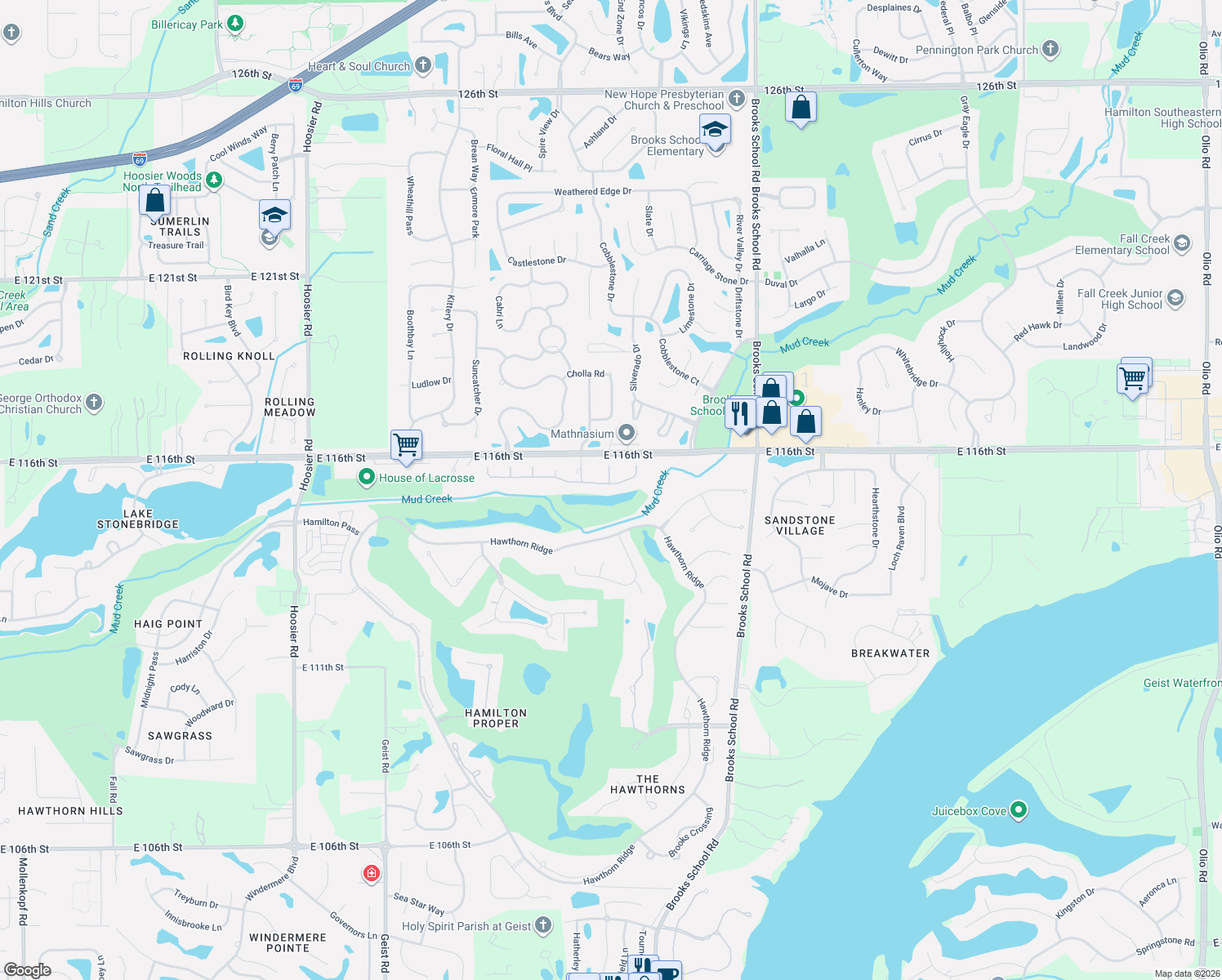 map of restaurants, bars, coffee shops, grocery stores, and more near 12067 Edgefield Drive Circle in Fishers