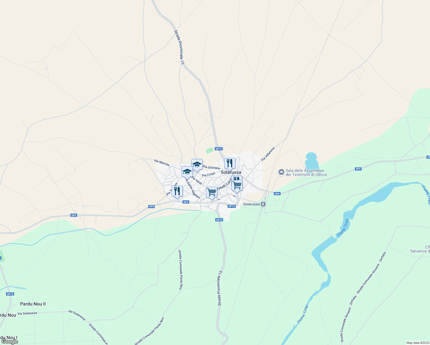 map of restaurants, bars, coffee shops, grocery stores, and more near 9 Via Vittorio Veneto in Solarussa
