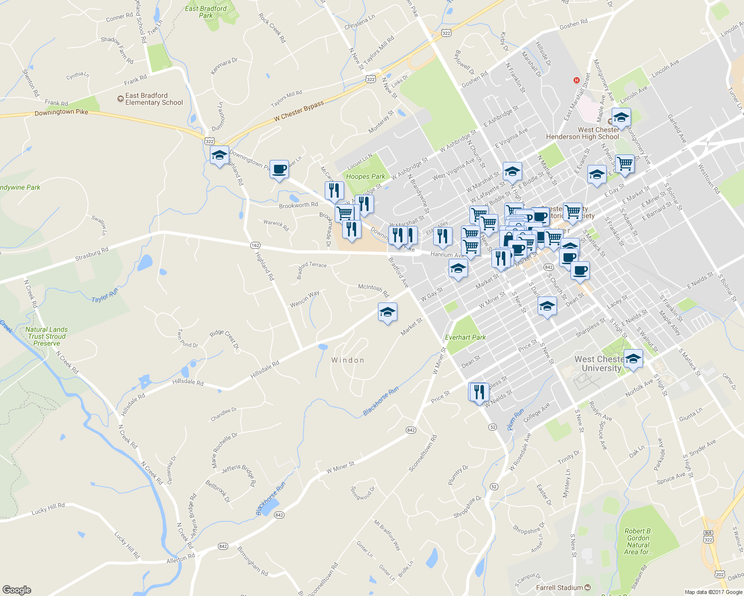 map of restaurants, bars, coffee shops, grocery stores, and more near 730 Scotch Way in West Chester