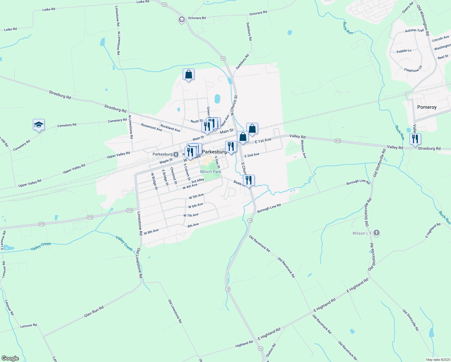map of restaurants, bars, coffee shops, grocery stores, and more near 40 Beale Drive in Parkesburg