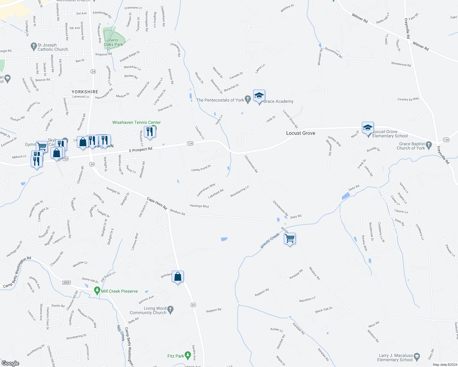 map of restaurants, bars, coffee shops, grocery stores, and more near 4043 Woodspring Lane in York