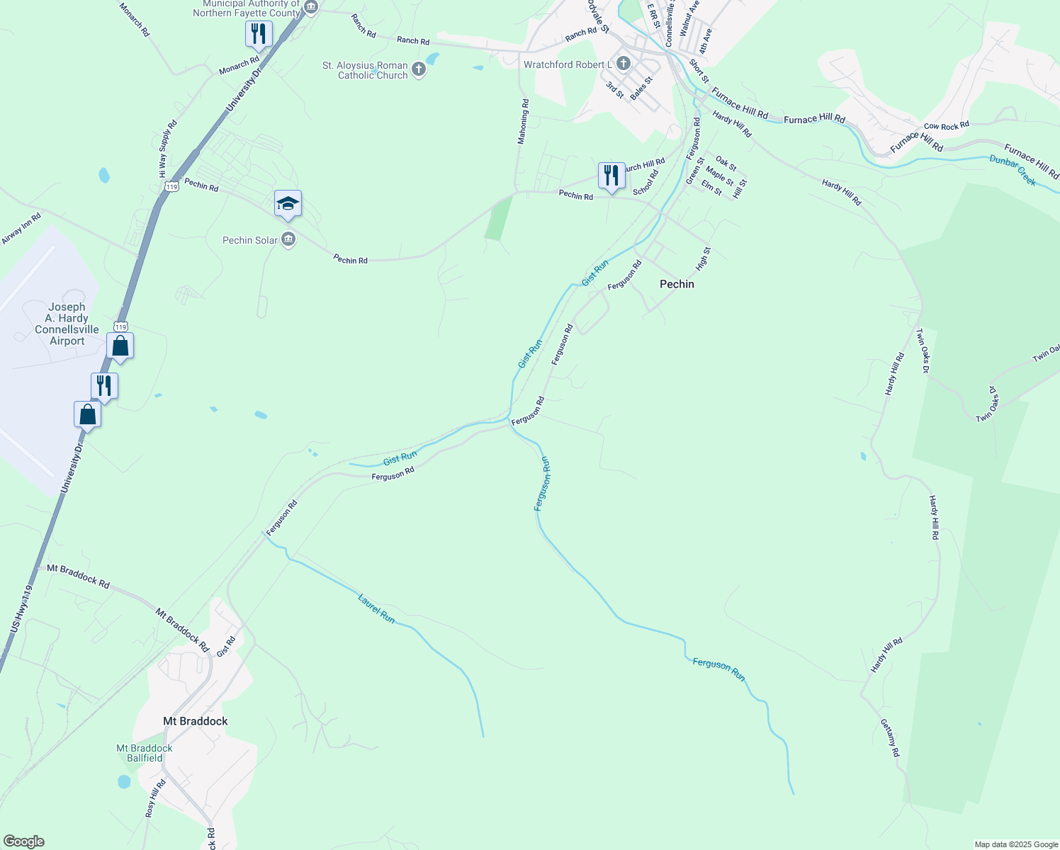 map of restaurants, bars, coffee shops, grocery stores, and more near 326 Ferguson Road in Dunbar