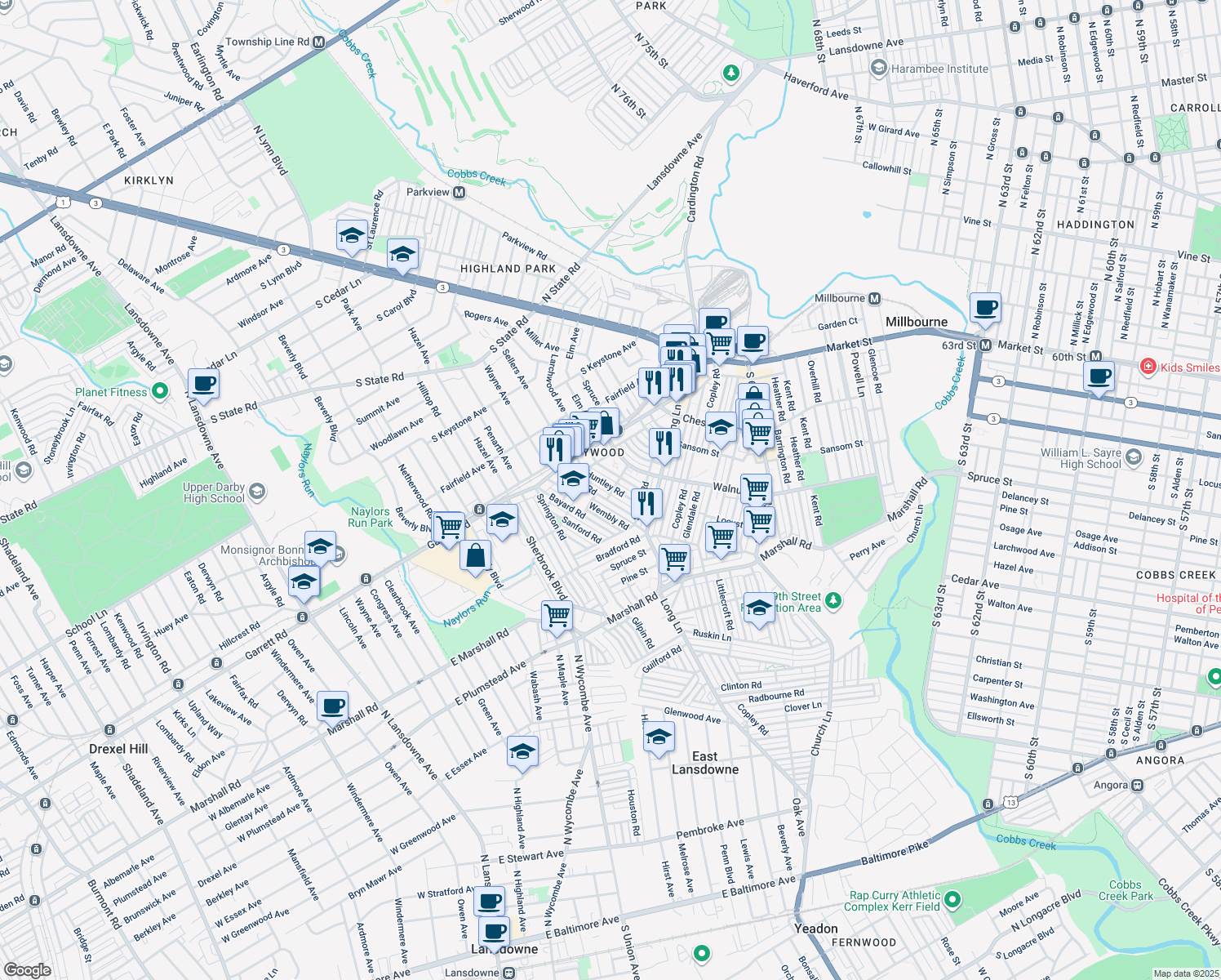 map of restaurants, bars, coffee shops, grocery stores, and more near 300 Huntley Road in Upper Darby