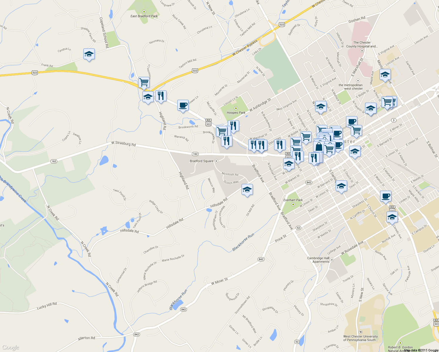 map of restaurants, bars, coffee shops, grocery stores, and more near 334 McIntosh Rd in West Chester