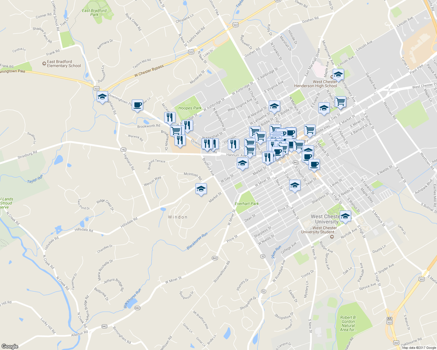 map of restaurants, bars, coffee shops, grocery stores, and more near 618 West Chestnut Street in West Chester