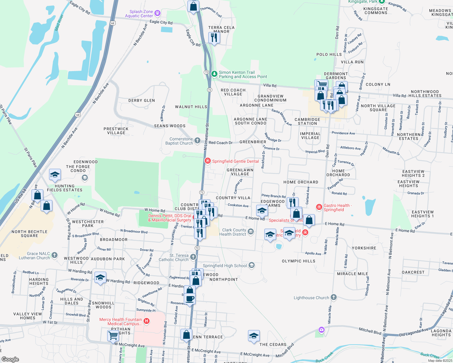 map of restaurants, bars, coffee shops, grocery stores, and more near 2533 Rebecca Dr in Springfield