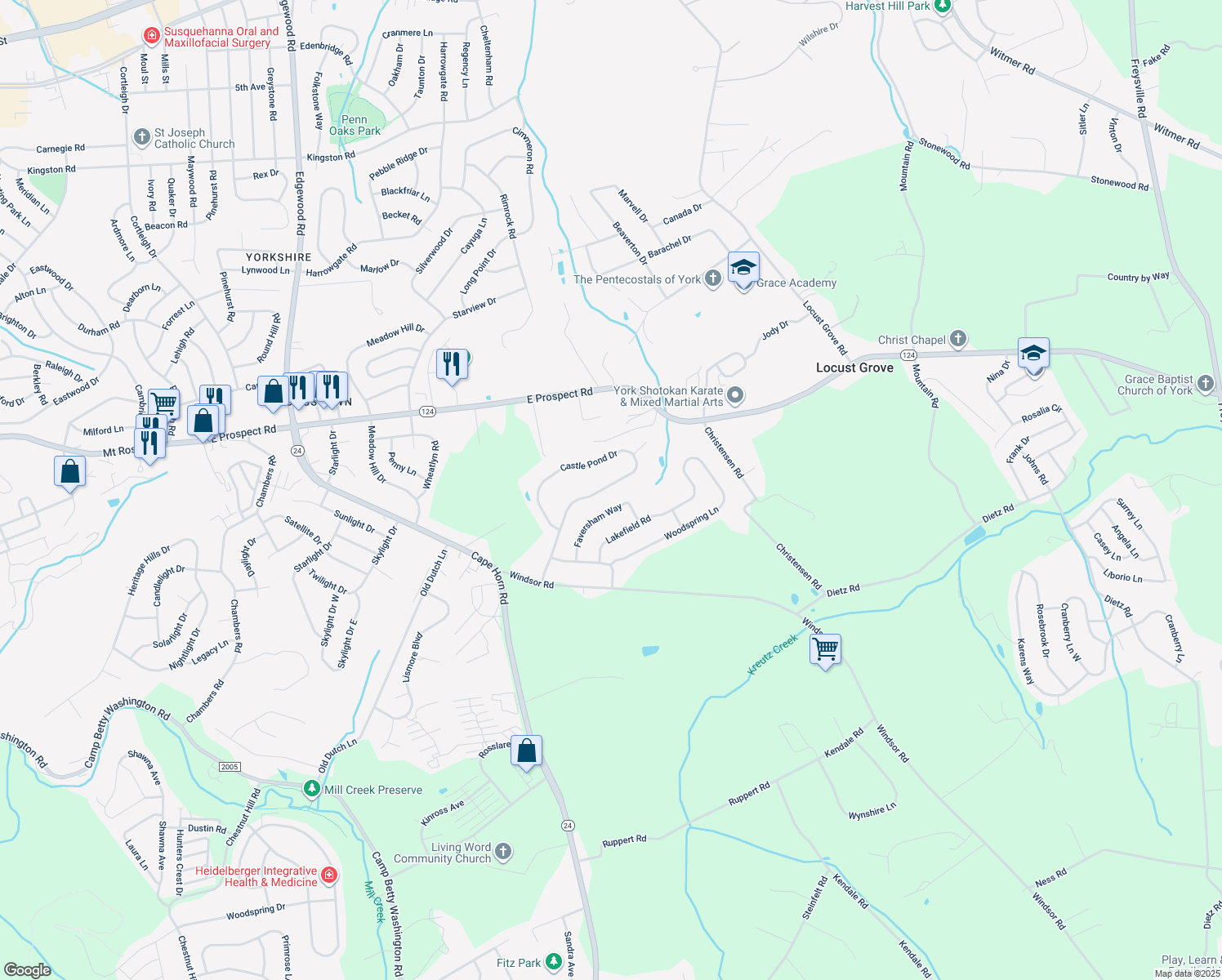 map of restaurants, bars, coffee shops, grocery stores, and more near 939 Castle Pond Drive in York