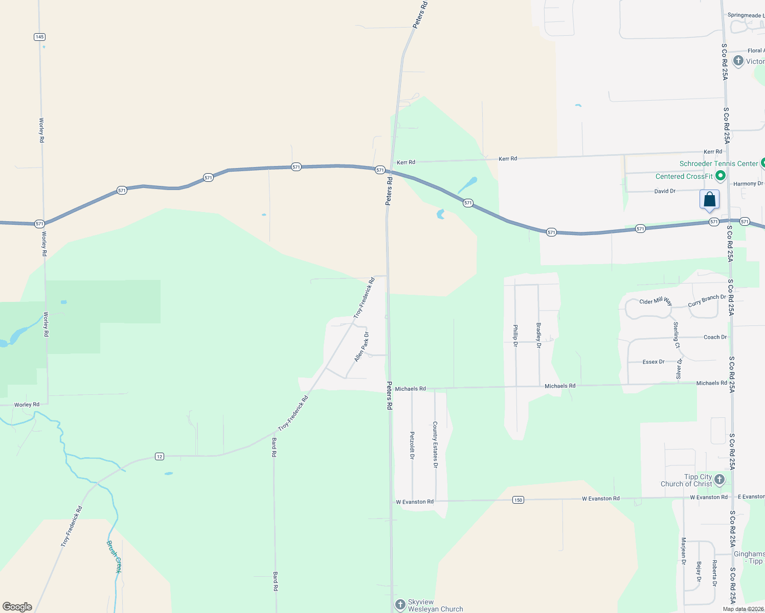 map of restaurants, bars, coffee shops, grocery stores, and more near 5630 Peters Road in Tipp City