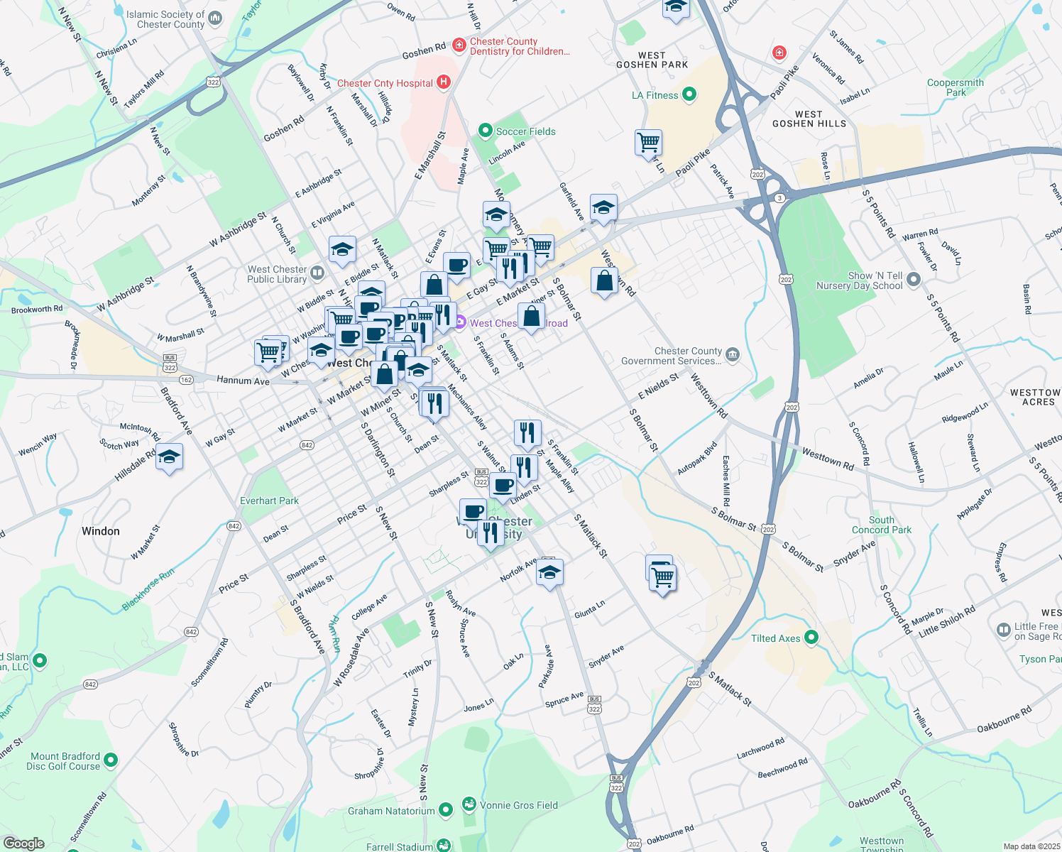 map of restaurants, bars, coffee shops, grocery stores, and more near 502 S Franklin St in West Chester