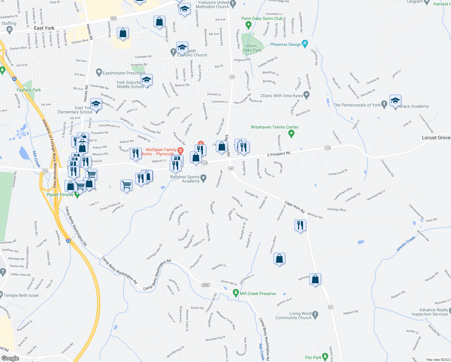 map of restaurants, bars, coffee shops, grocery stores, and more near 1163 Lady Bug Lane in York