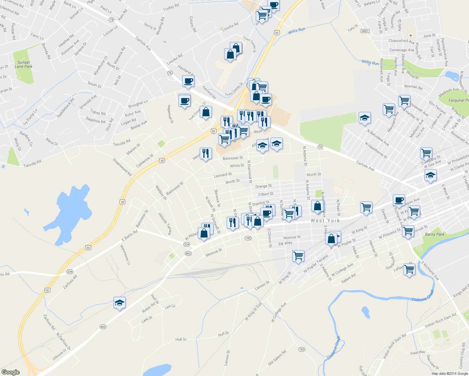 map of restaurants, bars, coffee shops, grocery stores, and more near 1949 Orange Street in York