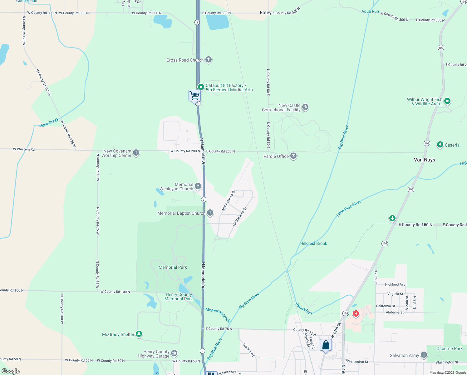 map of restaurants, bars, coffee shops, grocery stores, and more near 2529 Northwest Raintree Drive in New Castle