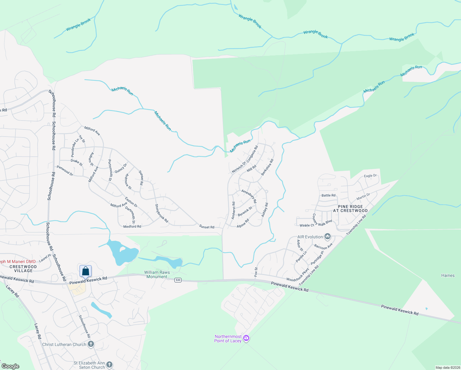 map of restaurants, bars, coffee shops, grocery stores, and more near 2 Andover Ct in Manchester Township