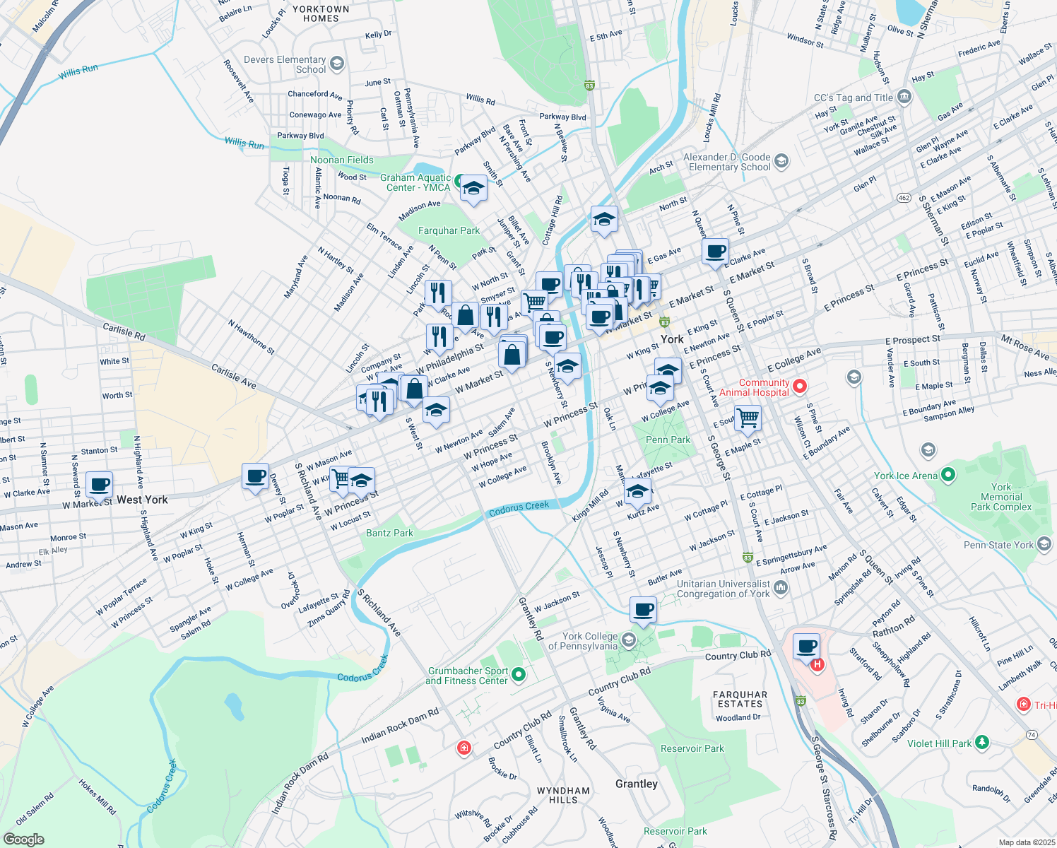 map of restaurants, bars, coffee shops, grocery stores, and more near 155 South Penn Street in York