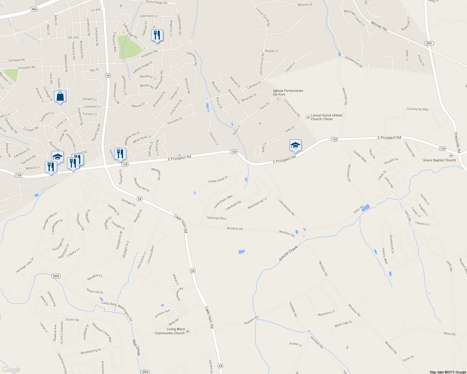map of restaurants, bars, coffee shops, grocery stores, and more near 945 Castle Pond Drive in York