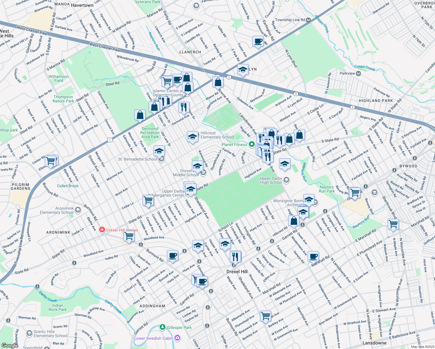 map of restaurants, bars, coffee shops, grocery stores, and more near 804 Irvington Road in Drexel Hill