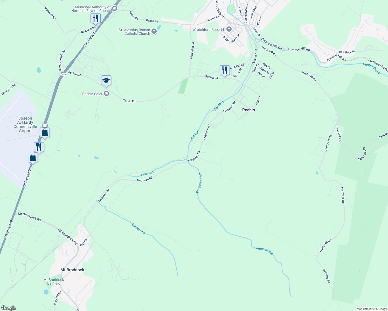 map of restaurants, bars, coffee shops, grocery stores, and more near 326 Ferguson Road in Dunbar